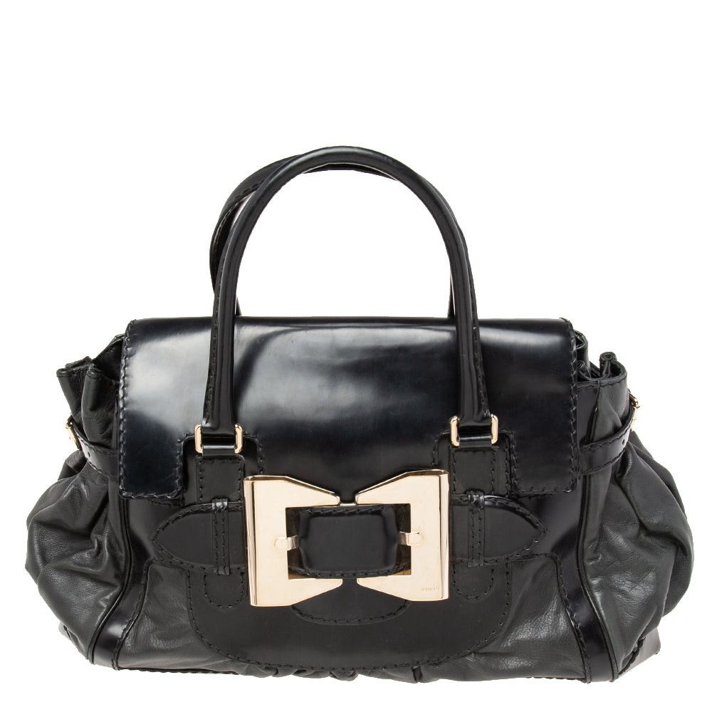 image of Gucci Black Leather Large Dialux Queen Tote, Women's