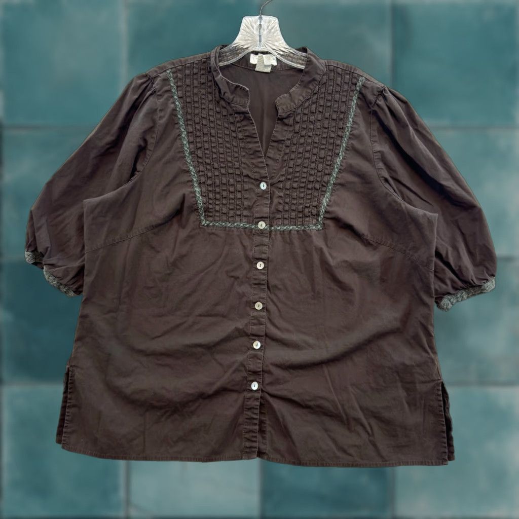 Vintage VINTAGE Y2K Top Blouse 1X Brown Fairy Grunge Whimsigoth Edwardian Puff Sleeves Shirt Tweed 1X Brown Cotton Blend Size XL / US 12-14 / IT 48-50 - 1 Thumbnail