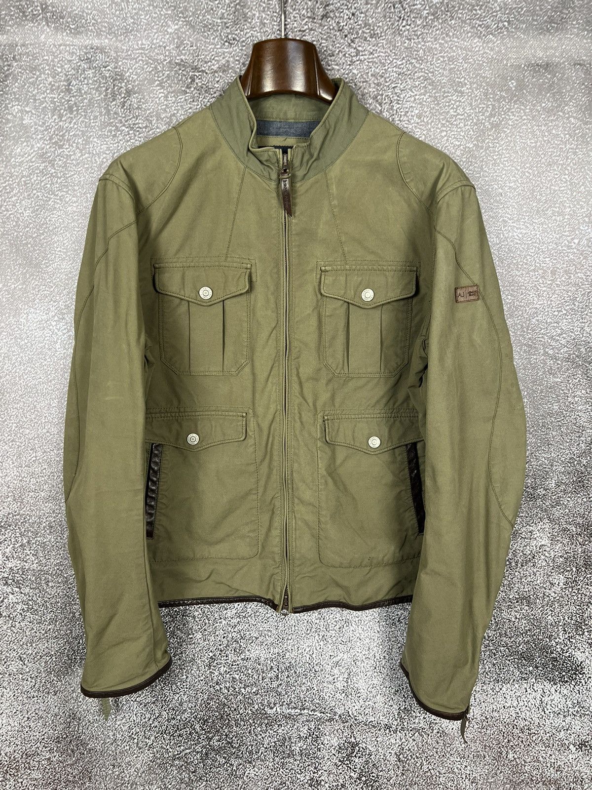 Armani Jeans biker jacket Leather olive khaki multipocket L