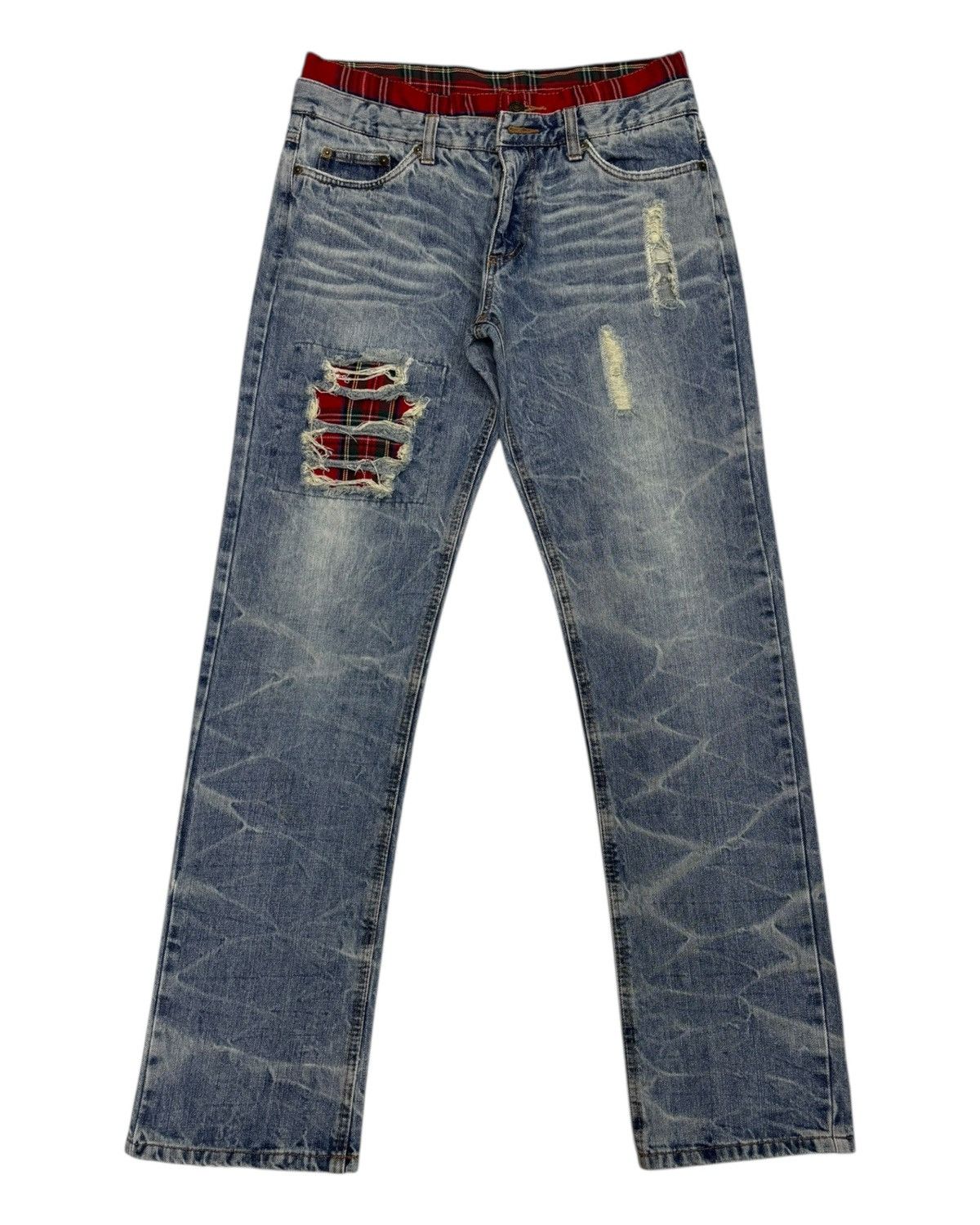 Hysteric Glamour × If Six Was Nine Red Tartan Checked Double Waist Jean Distressed Denim Size US 31 - 7 Thumbnail
