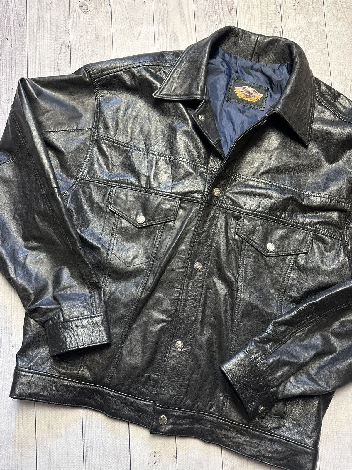 Harley Davidson × Vintage Vintage Harley Davidson leather jacket size L big logo Size US L / EU 52-54 / 3 - 3 Thumbnail