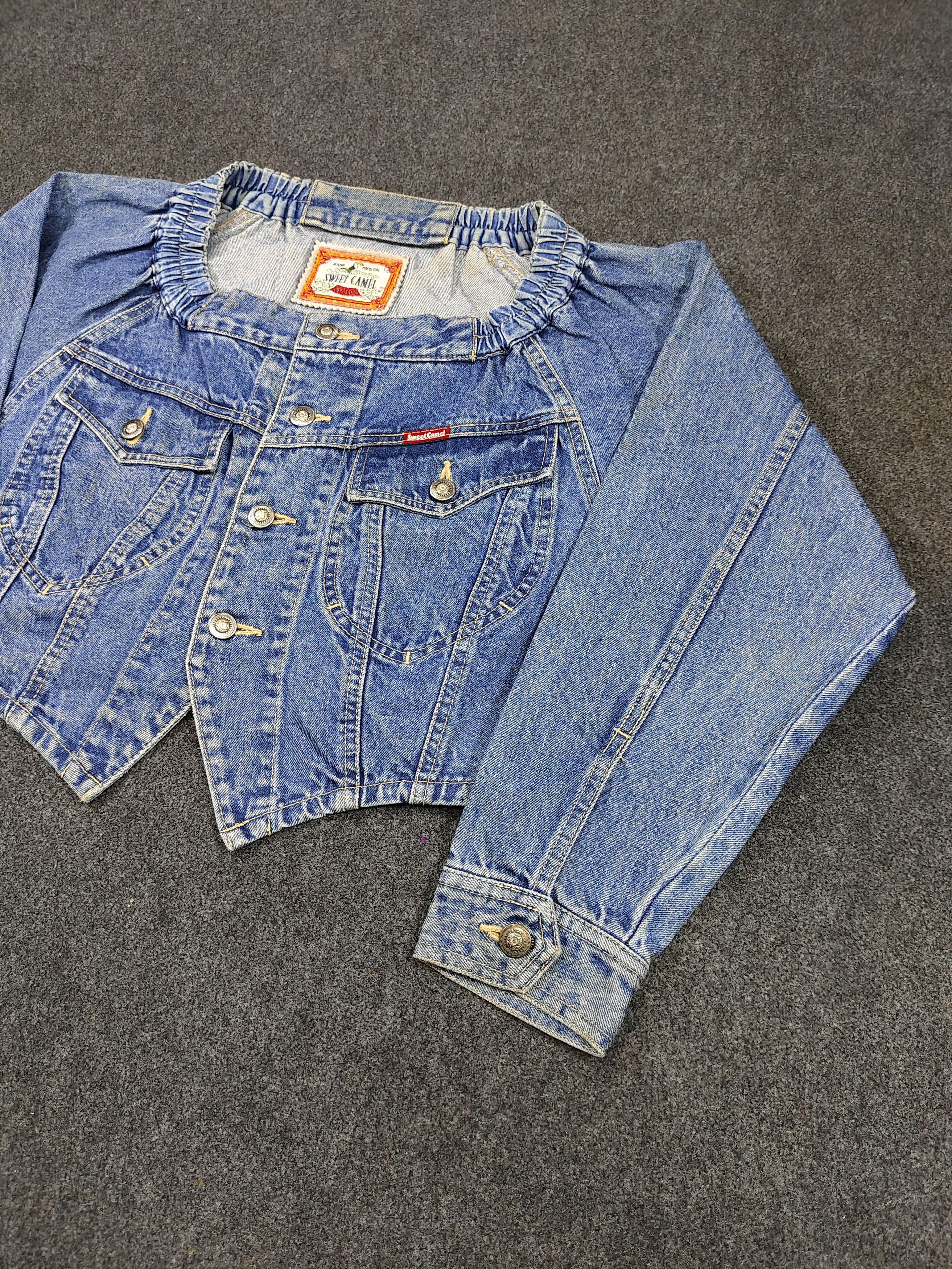 Japanese Brand 90s Sweat Camel- Off Shoulder Y2K Cropped Denim Jacket Size M / US 6-8 / IT 42-44 - 2 Thumbnail