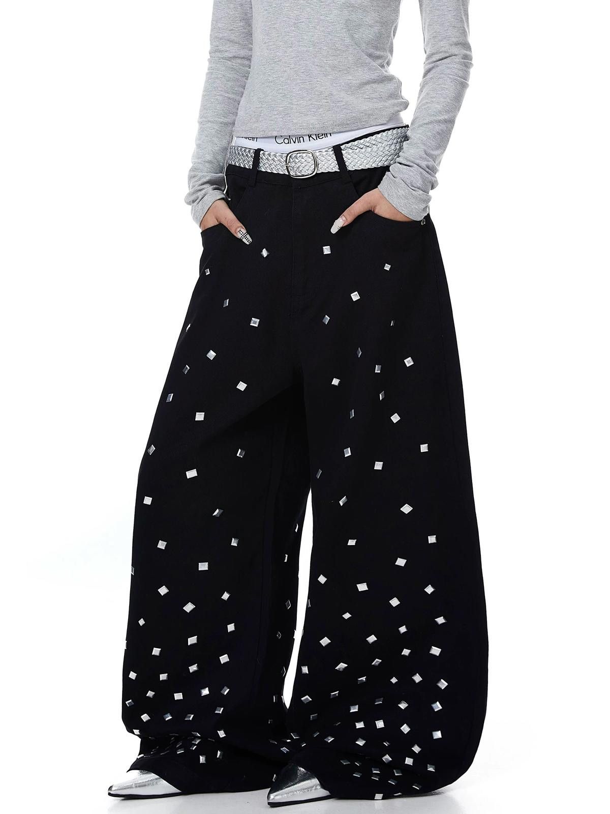 Other Square-Rivet Scatter Wide-Leg Black Denim Jeans Size US 30 / EU 46 - 1 Thumbnail