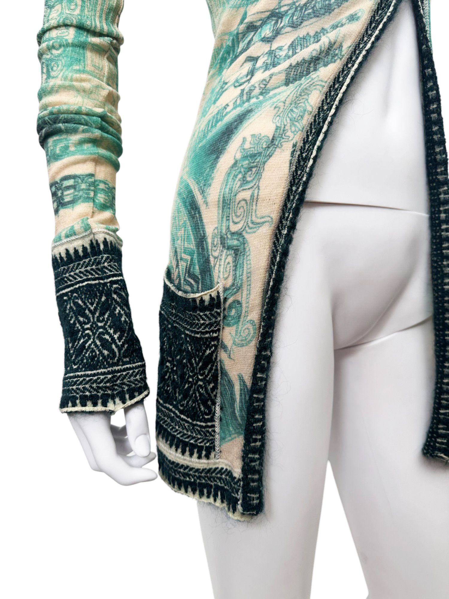 Jean Paul Gaultier 90's Tribal Acqua Green Wool Cardigan Size L / US 10 / IT 46 - 11 Thumbnail