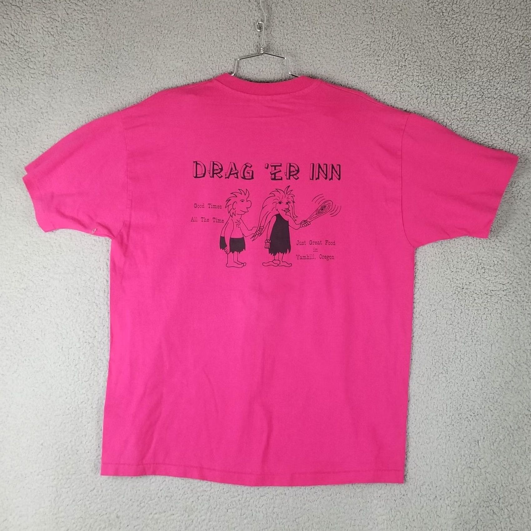 Hanes VINTAGE Hanes T-Shirt Unisex Adults XL Pink 2 Sided Graphic USA Caveman Drag 'er Inn Oregon Caveman USA Grunge Hip Hop Animals Dad Modern Casual Shirt Size US XL / EU 56 / 4 - 6 Thumbnail