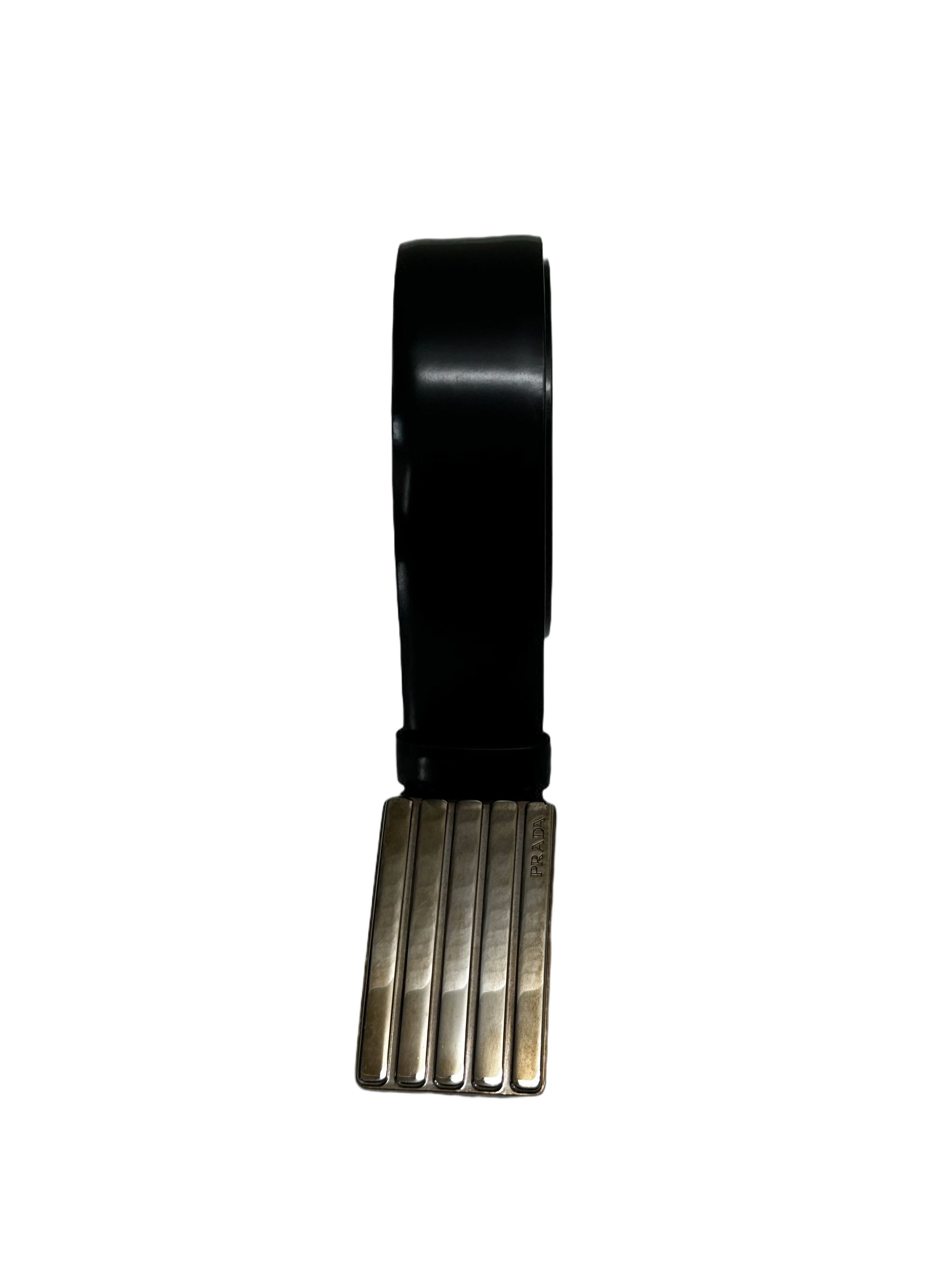 Prada Prada Black Leather Belt With Wide Etched Shield Buckle Size 34 - 1 Thumbnail