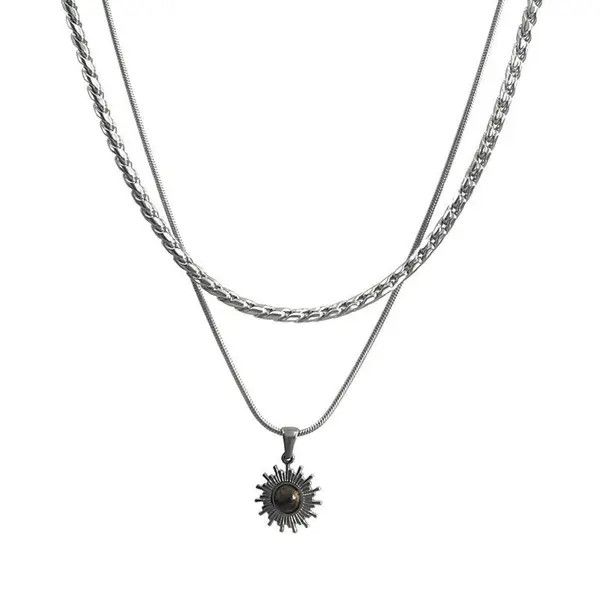 Jewelry Silver Layered Necklace with Sun Pendant Size ONE SIZE - 5 Thumbnail