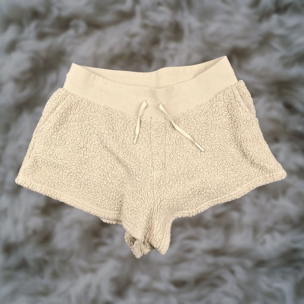 Vintage Popflex Womens XL Beige Fleece Sweat Lounge Shorts Drawstring Pockets Size 40" / US 18 - 1 Thumbnail