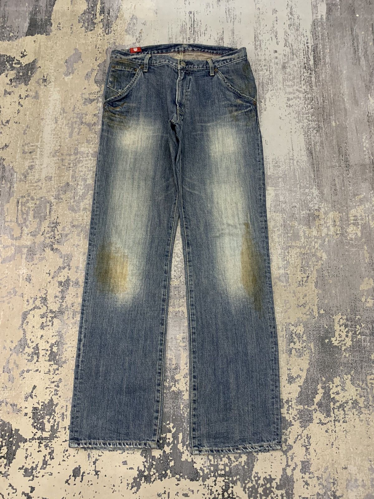 image of Japan Blue x Jean Vintage Blueway Japan Distressed Mudwash Baggy Jeans 32X33 in Yellow/Blue/Rust