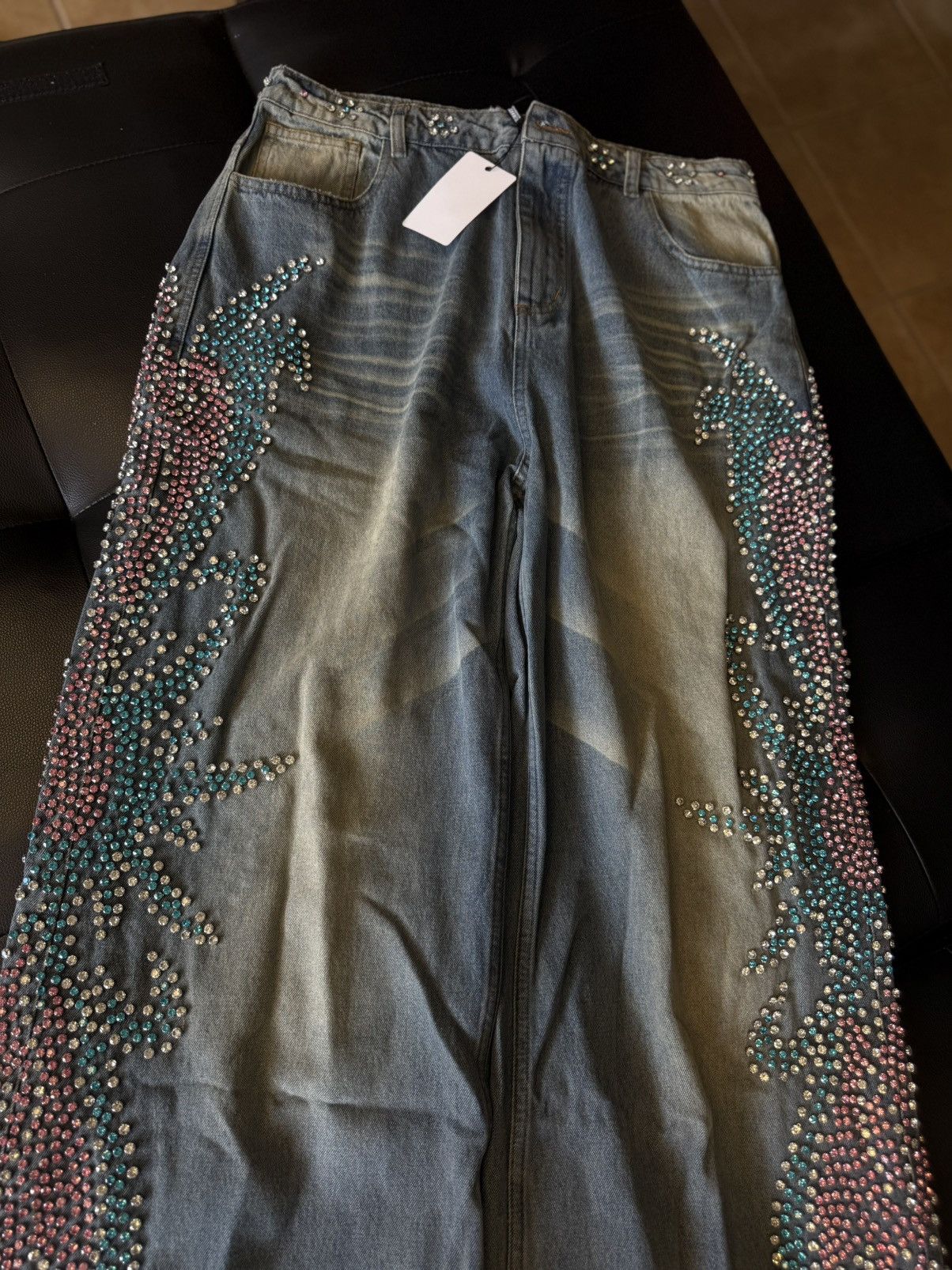 Vale Valley Stone Crystal Rhinestone Baggy Blue Jeans Size 32 Size US 32 / EU 48 - 2 Thumbnail