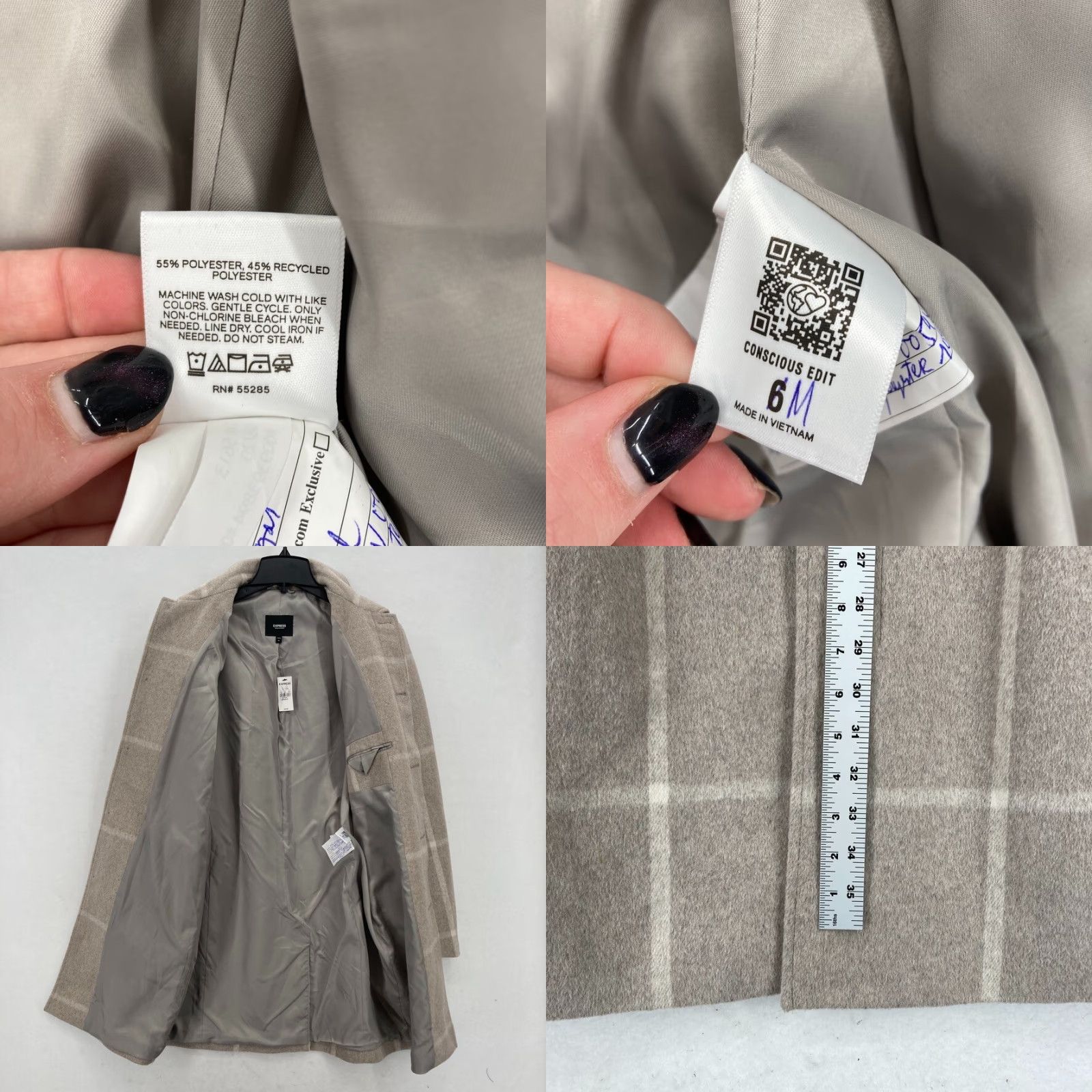 Express Express Williams Window Pane Topcoat Women's Medium Taupe Plaid Wool Blend NWT Size M / US 6-8 / IT 42-44 - 8 Thumbnail
