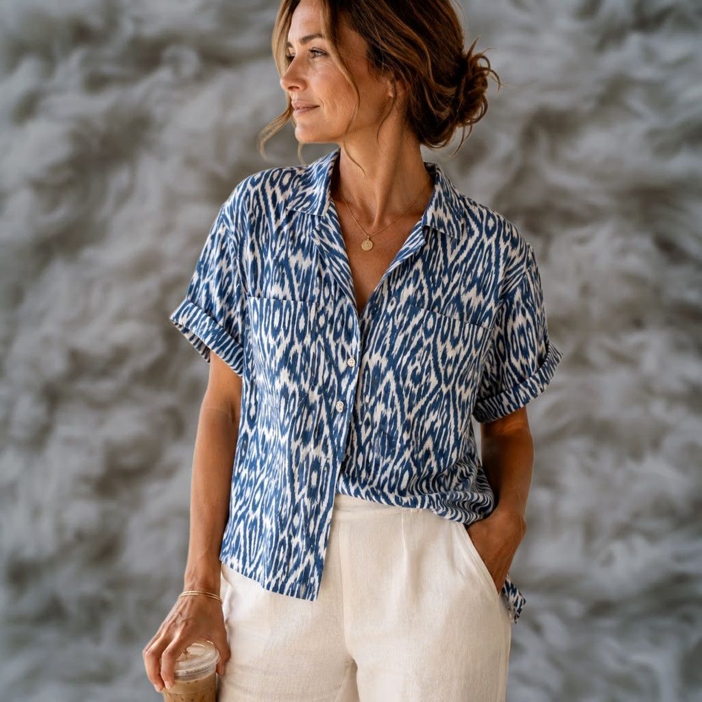 Pilcro Anthropologie Ikat Camp Shirt Cotton Button Front Blue Ivory L Shirt Womens Regular Geometric Coastal Grandm A Resort Travel, Women's