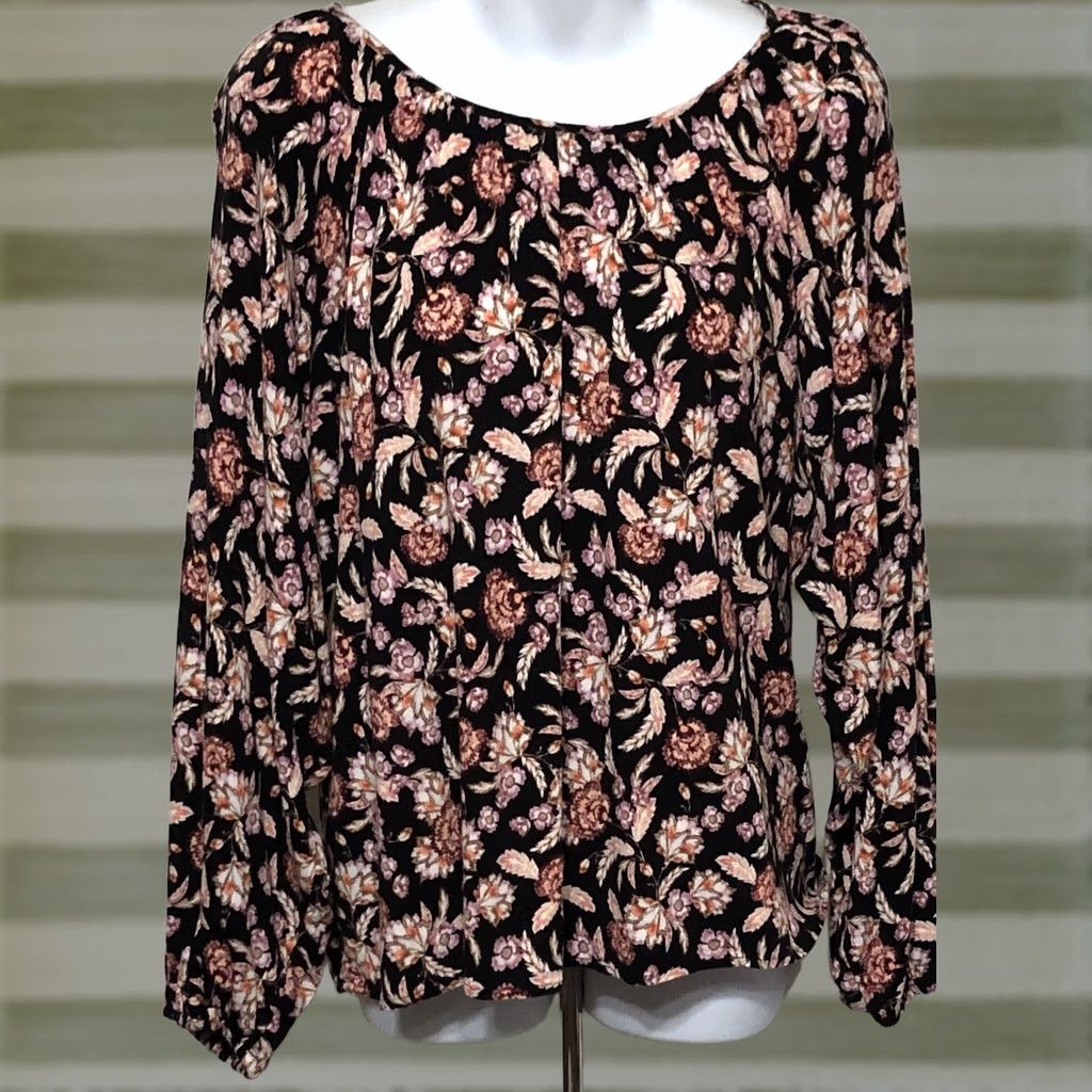 Vintage Terra & Sky Blk Floral Jersey Top 14W Long Sleeve Knit Casual Shirt Womens Size XL / US 12-14 / IT 48-50 - 1 Thumbnail