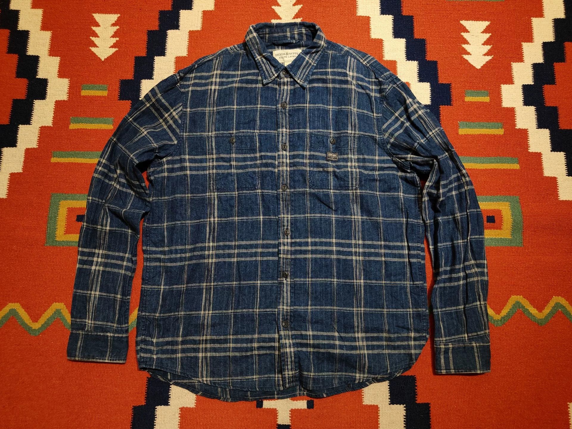 RRL Ralph Lauren Blue Plaid Denim Supply Shirt Size US L / EU 52-54 / 3 - 1 Thumbnail