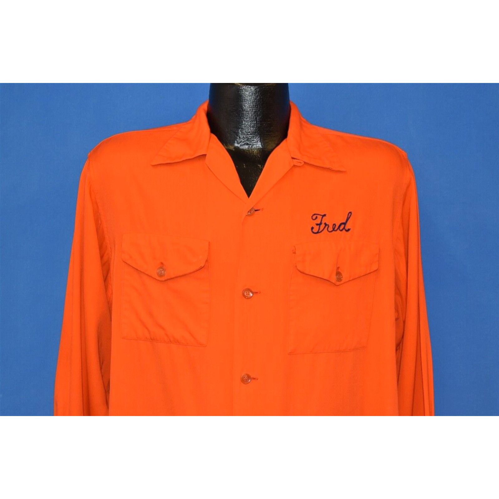 image of Nat Nast Vintage 50S Nelson Equipment Lyons Fred Orange Rayon Rockabilly Shirt Large L in White