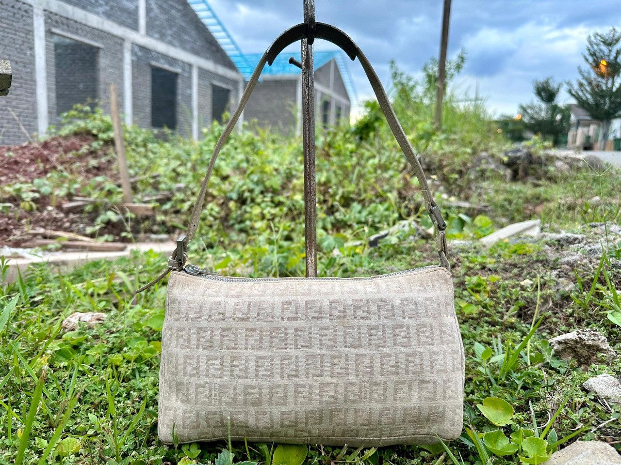 Authentic Fendi Zucchino Canvas Baguette Shoulder Bag