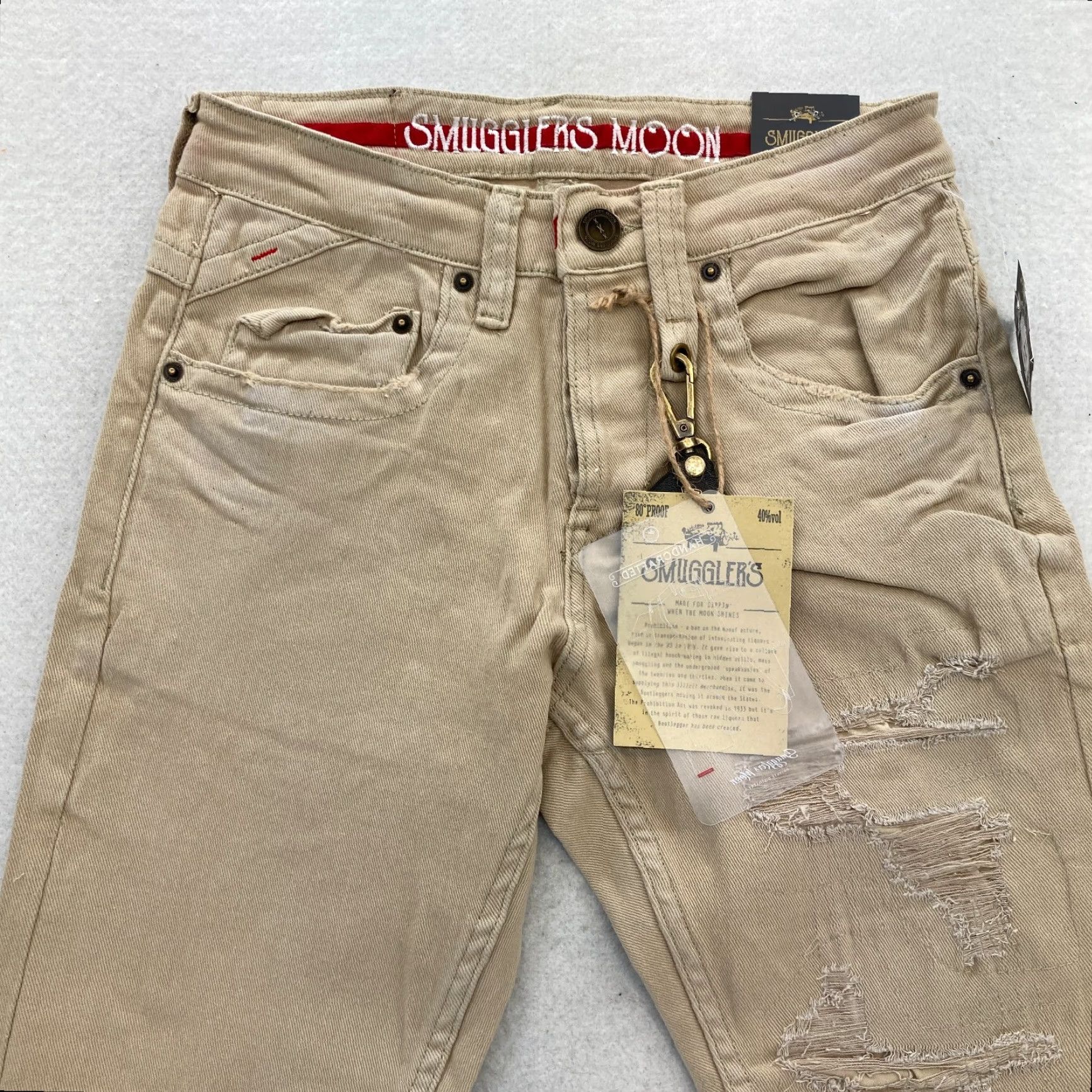 Denime Smugglers Moon Jeans Mens 28x31 Khaki Beige Denim Button Fly Roll Up Distressed Slim Jeans Men Size US 28 / EU 44 - 2 Thumbnail