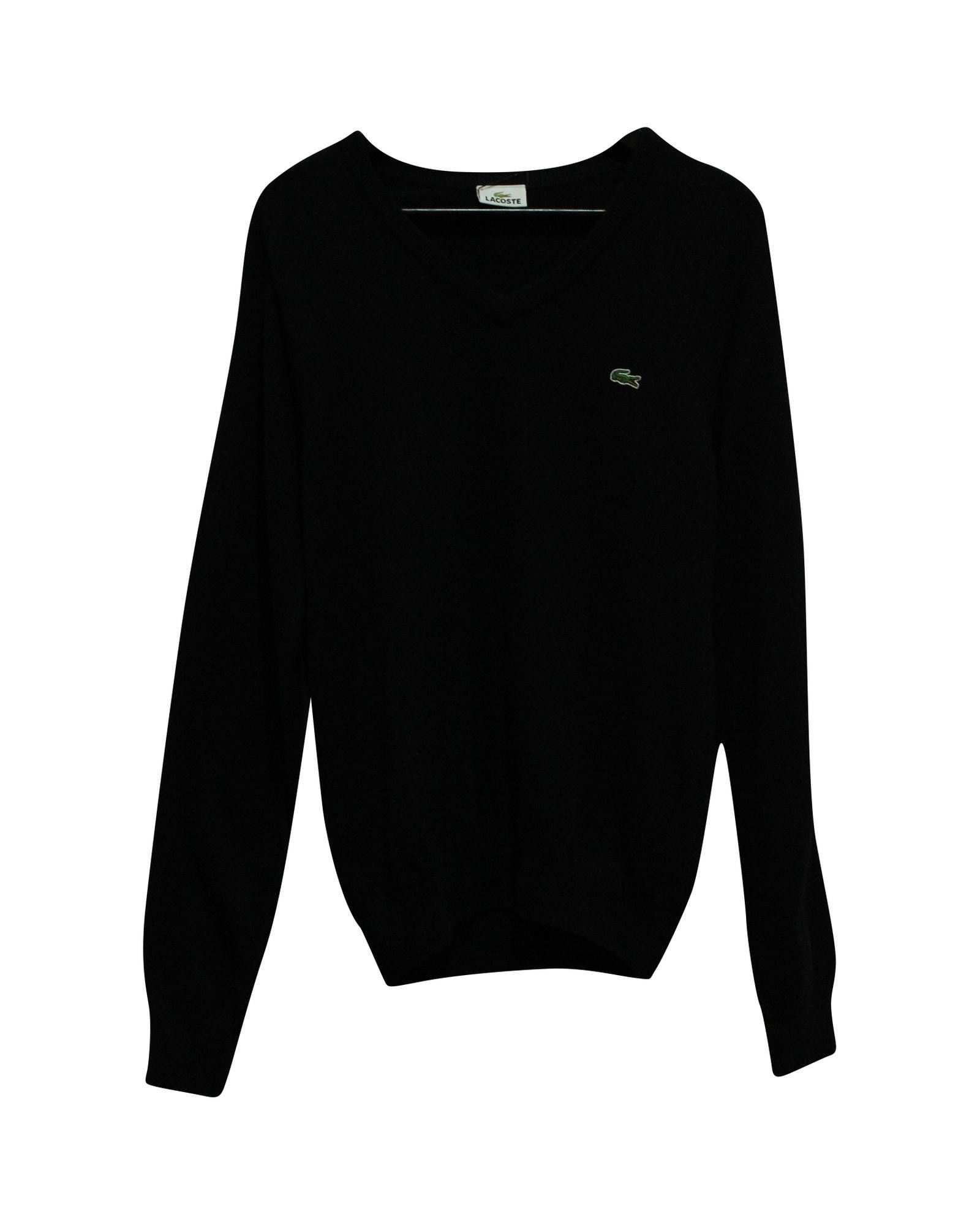 image of Classic Black Wool V-Neck Sweater With Logo Embroidery By Lacoste, Men's (Size XS)