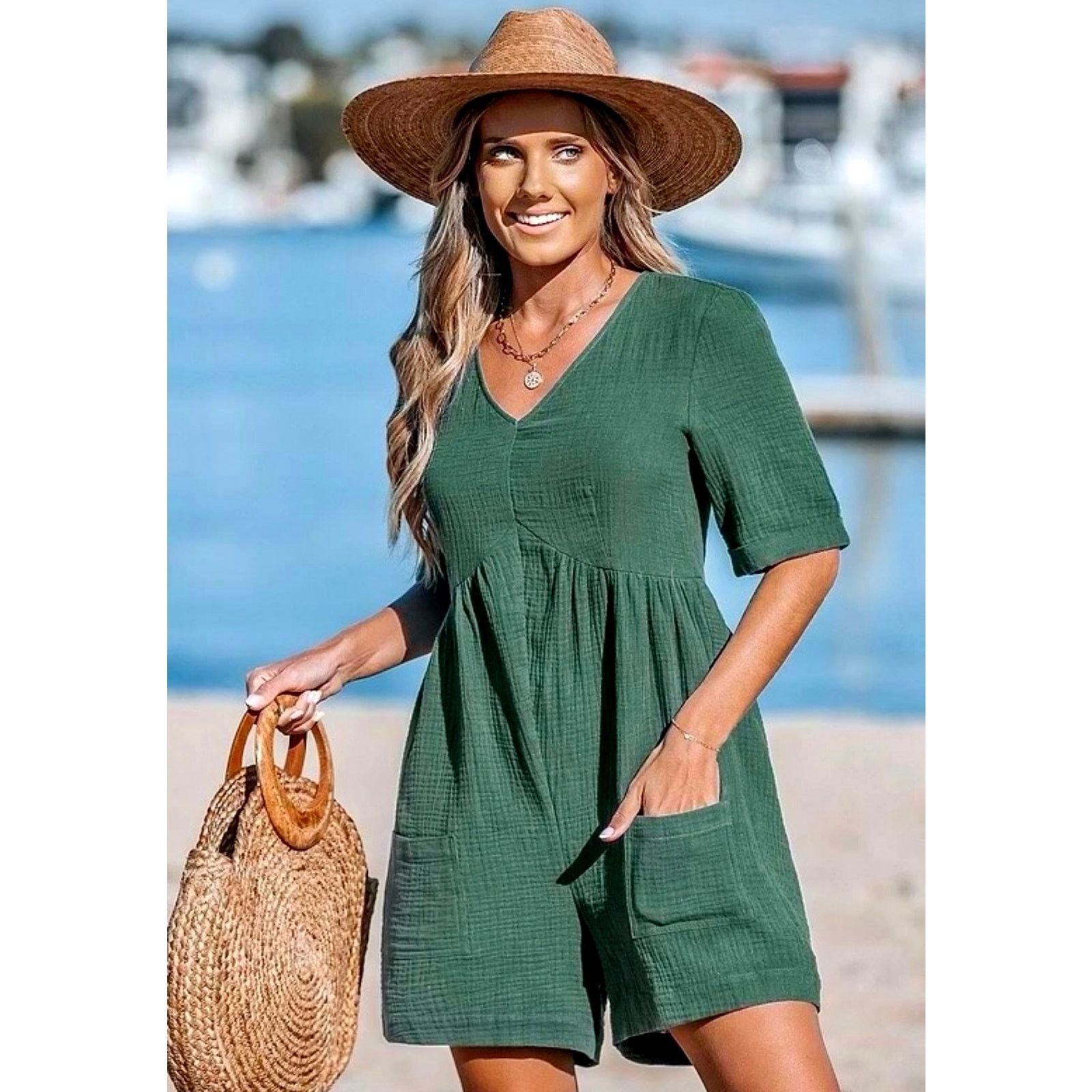 Other Cupshe Romper V Neck Wide Leg Pockets Beach Green L Size 32" / US 10 / IT 46 - 2 Thumbnail