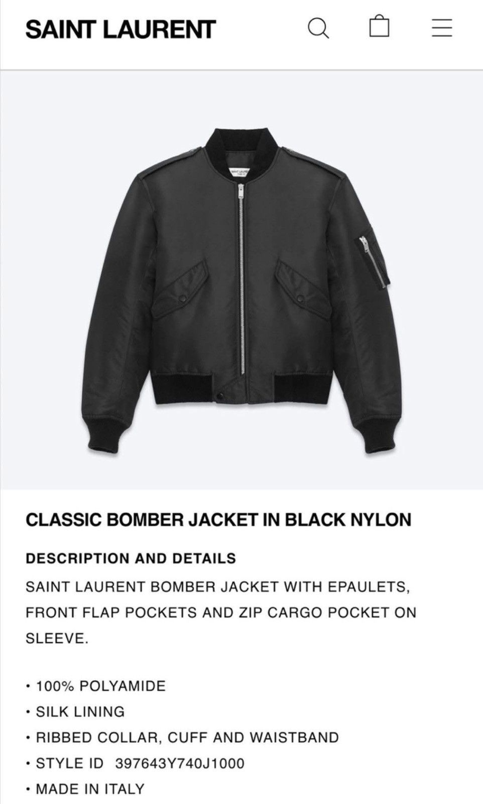 Hedi Slimane × Saint Laurent Paris 15FW Black Nylon MA-1 Bomber Jacket sz44 Size US S / EU 44-46 / 1 - 10 Thumbnail