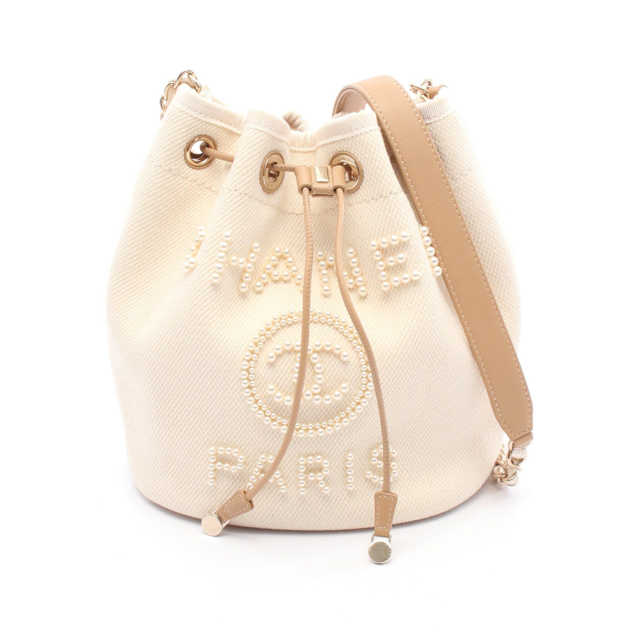 Chanel Deauville Purse Chain Shoulder Bag Canvas Leather Ivory Light Brown Gold Hardware Fake Pearl, Women's