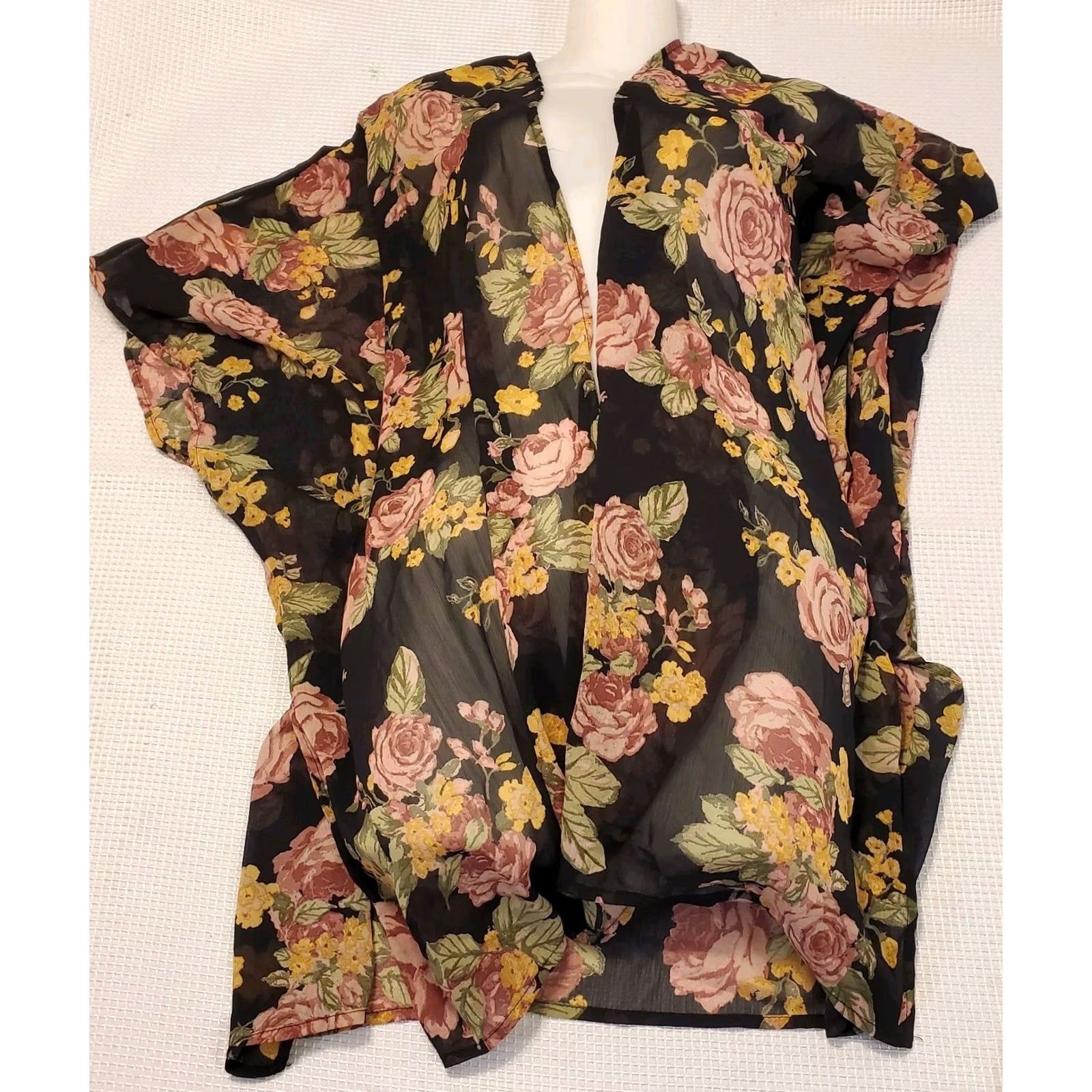 Vintage Maurices Womens Floral Kimono Cover Up Summer Black Sheer Antique Roses OSFM Size ONE SIZE - 2 Thumbnail
