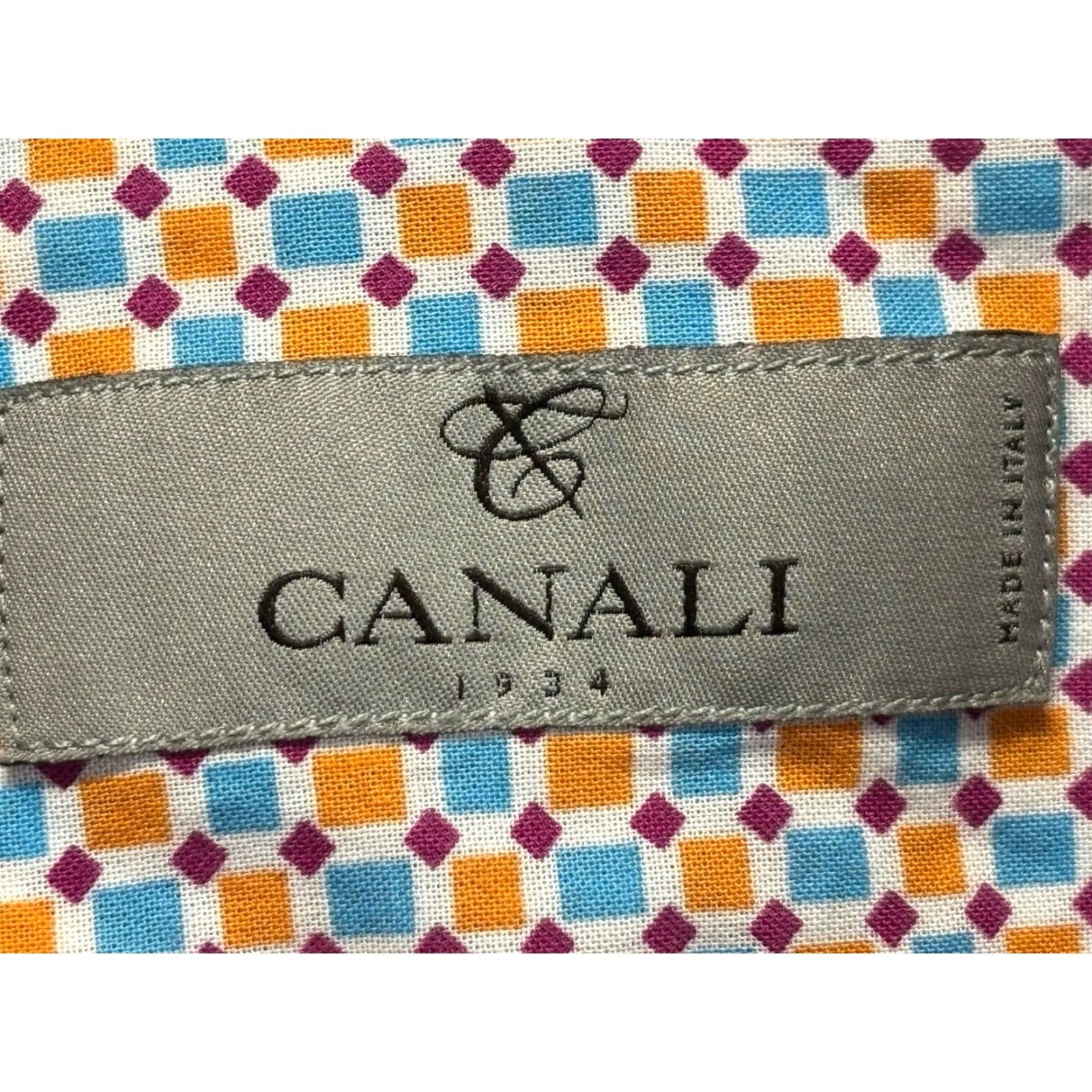 Canali Canali Button-Up Shirt Mens XL Blue Orange Cotton Made In Italy Geometric Pattern Classic Designer Italian Western Preppy Regular Fit Size US XL / EU 56 / 4 - 5 Thumbnail