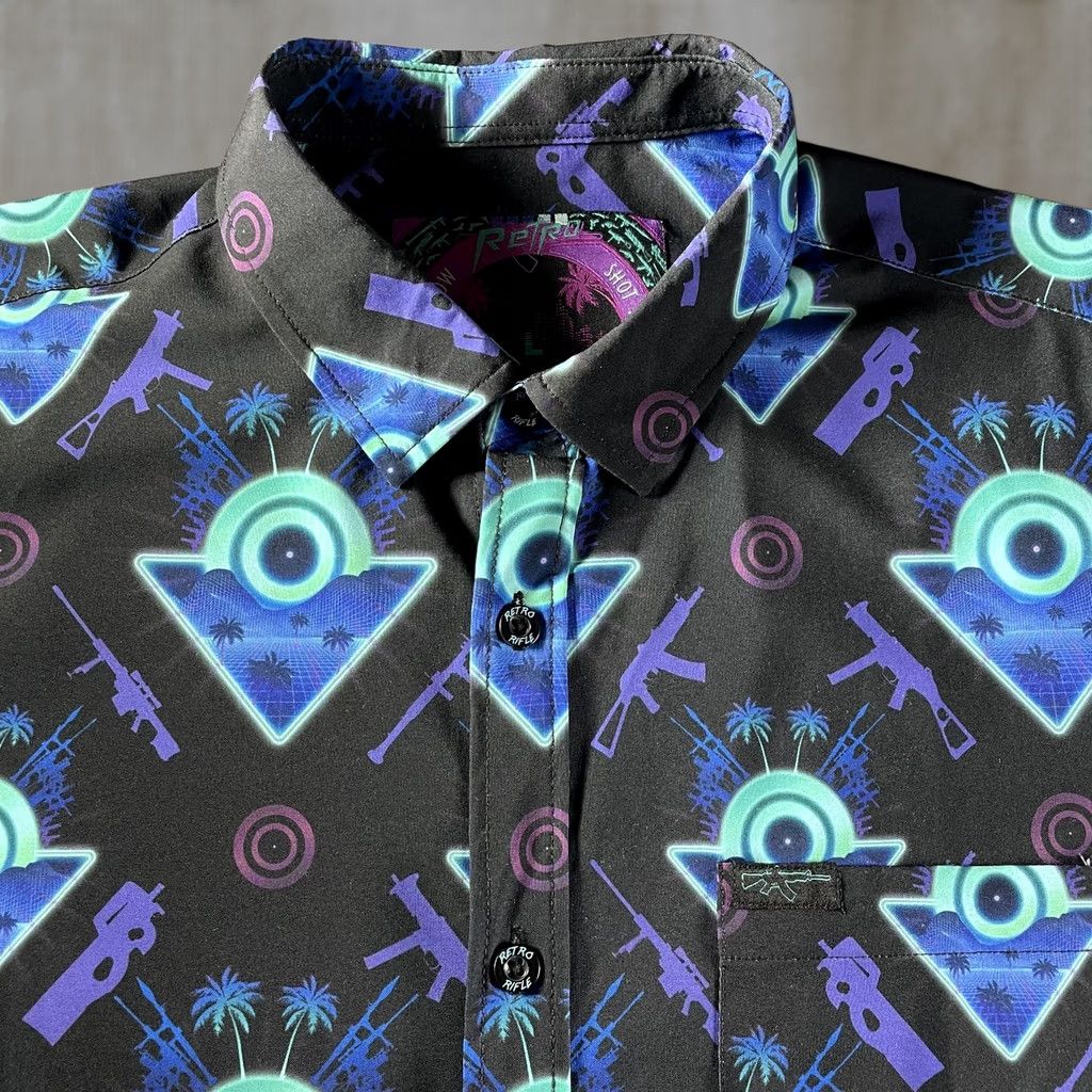 Etro Retro Rifle Shirt Mens Large Black Neon Vaporwave Graphic Print Button-Up Short Sleeve Shirt - 80s Retro Shot Show Casual Mens Size US L / EU 52-54 / 3 - 1 Thumbnail