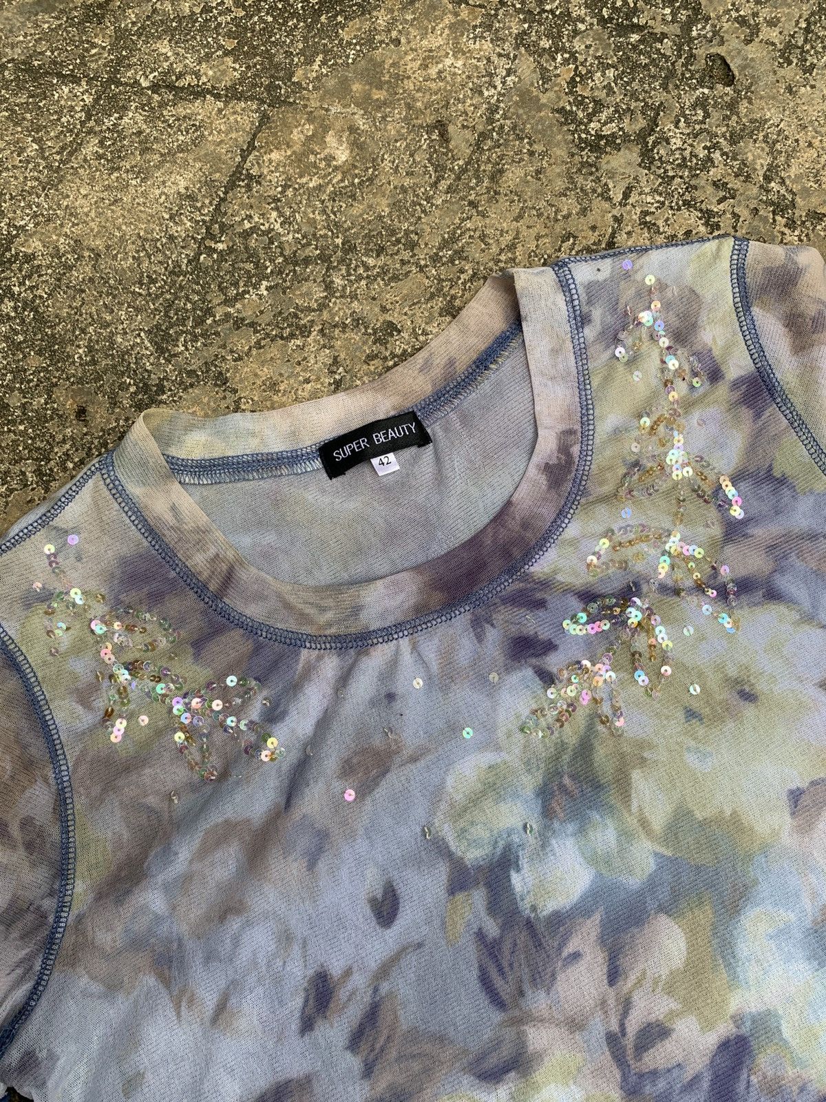 Japanese Brand × Vintage y2k Super Beauty Japan Floral Paint Art Beady Mesh Top Size L / US 10 / IT 46 - 4 Thumbnail