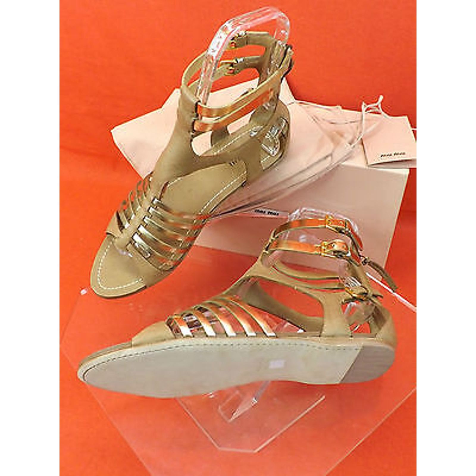 Miu Miu CAMEL GOLD LEATHER BACK ZIP GLADIATOR FLATS SANDALS 35.5 Size US 5.5 / IT 35.5 - 8 Thumbnail