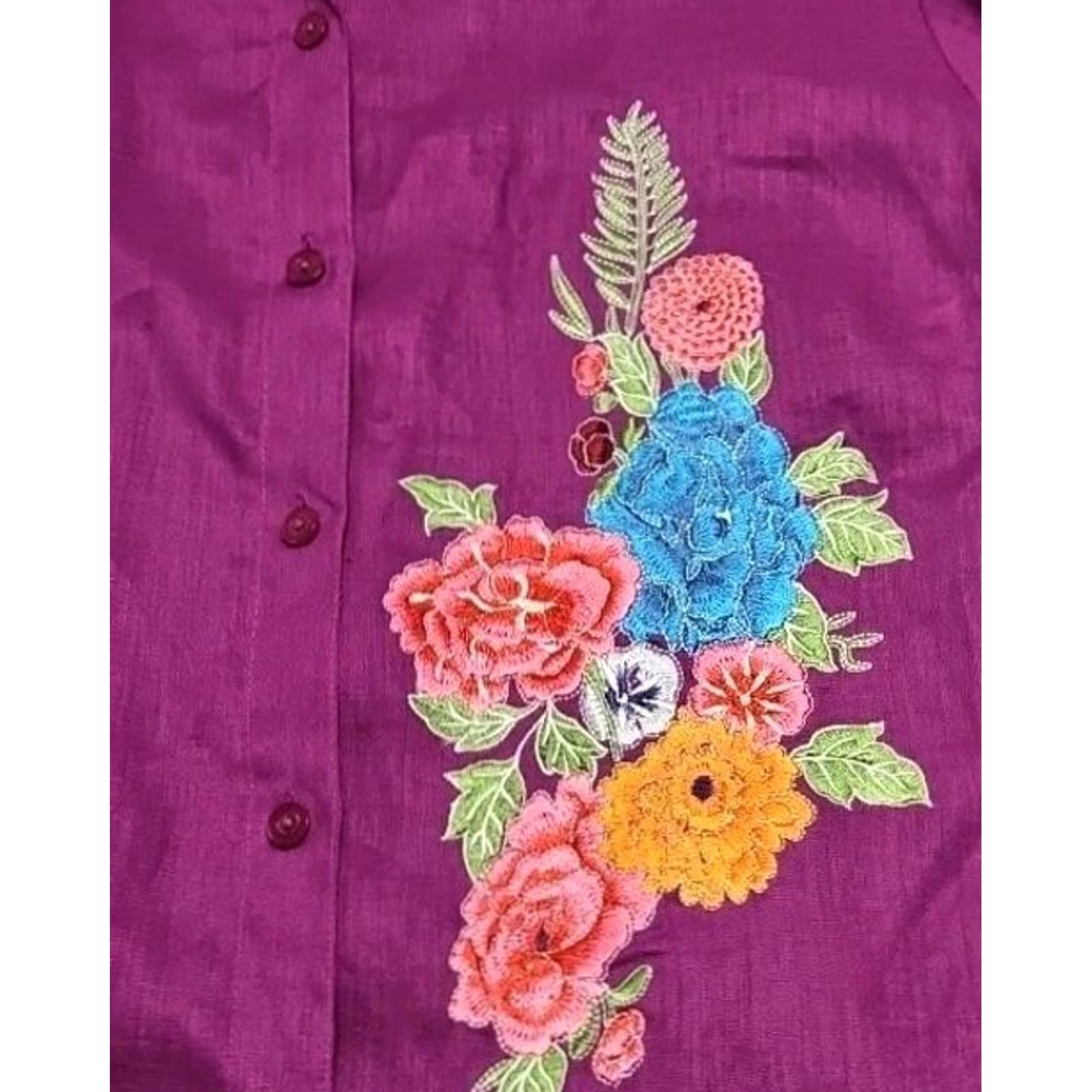 Vintage Nygard Button Shirt Women 10 Linen Blend Magenta Floral Embroidered Collared Long Sleeve Shirt Size L / US 10 / IT 46 - 3 Thumbnail
