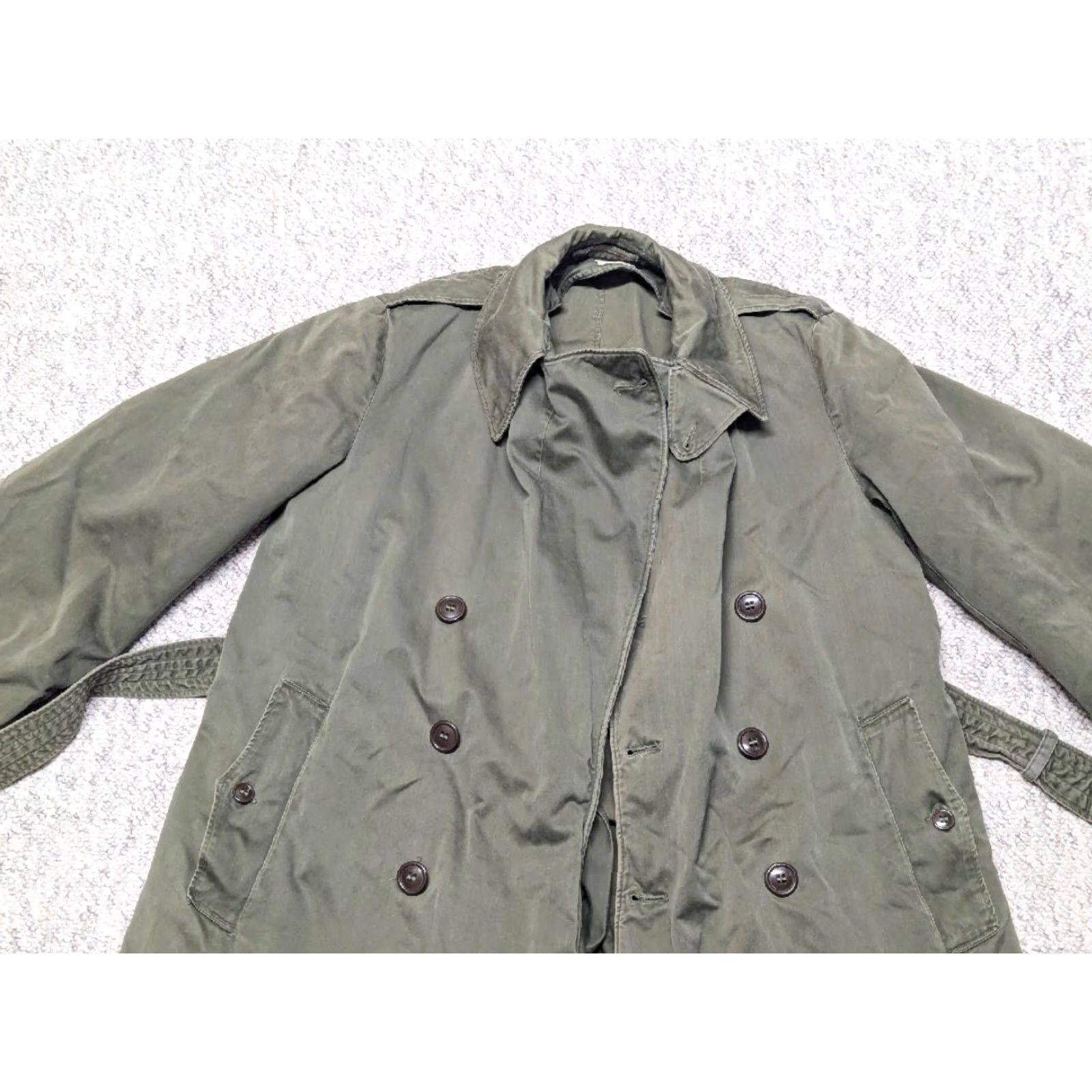 Vintage VINTAGE US ARMY trenchcoat Overcoat Shirt Mens M Green belted wool/ cotton long jacket cape with pant legs hidden Zip closure Button chest 40 Size US 31 - 6 Thumbnail