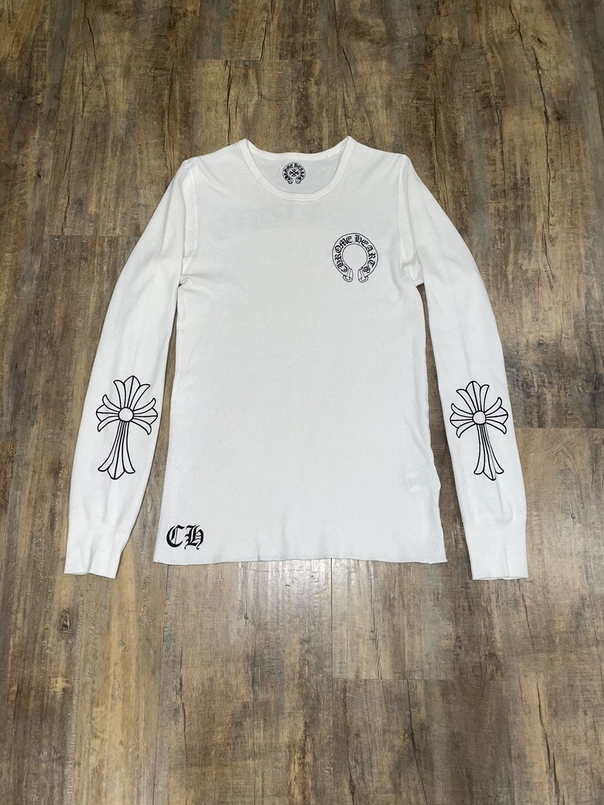 トップス CHROME HEARTS HORSESHOE THERMAL L/S TEE Chrome Hearts Horseshoe Floral Sleeve Waffle Thermal Shirt