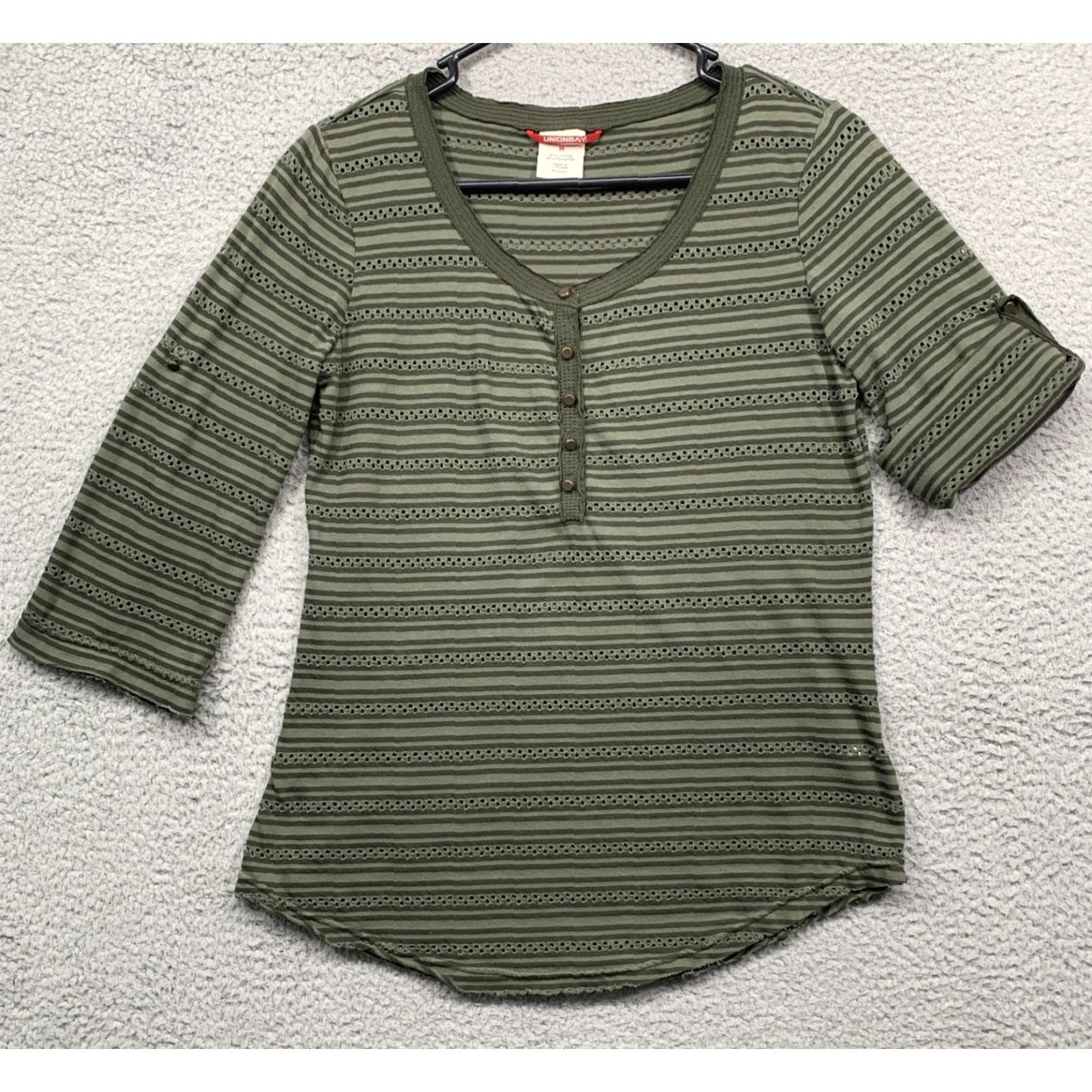 Vintage VINTAGE Union Bay Womens Top M Forest Green 3/4 Sleeve Breathable Rounded Hem Stripes & Lace Holes Cotton Polyester Pullover Button KnITS Womens Size M / US 6-8 / IT 42-44 - 2 Thumbnail
