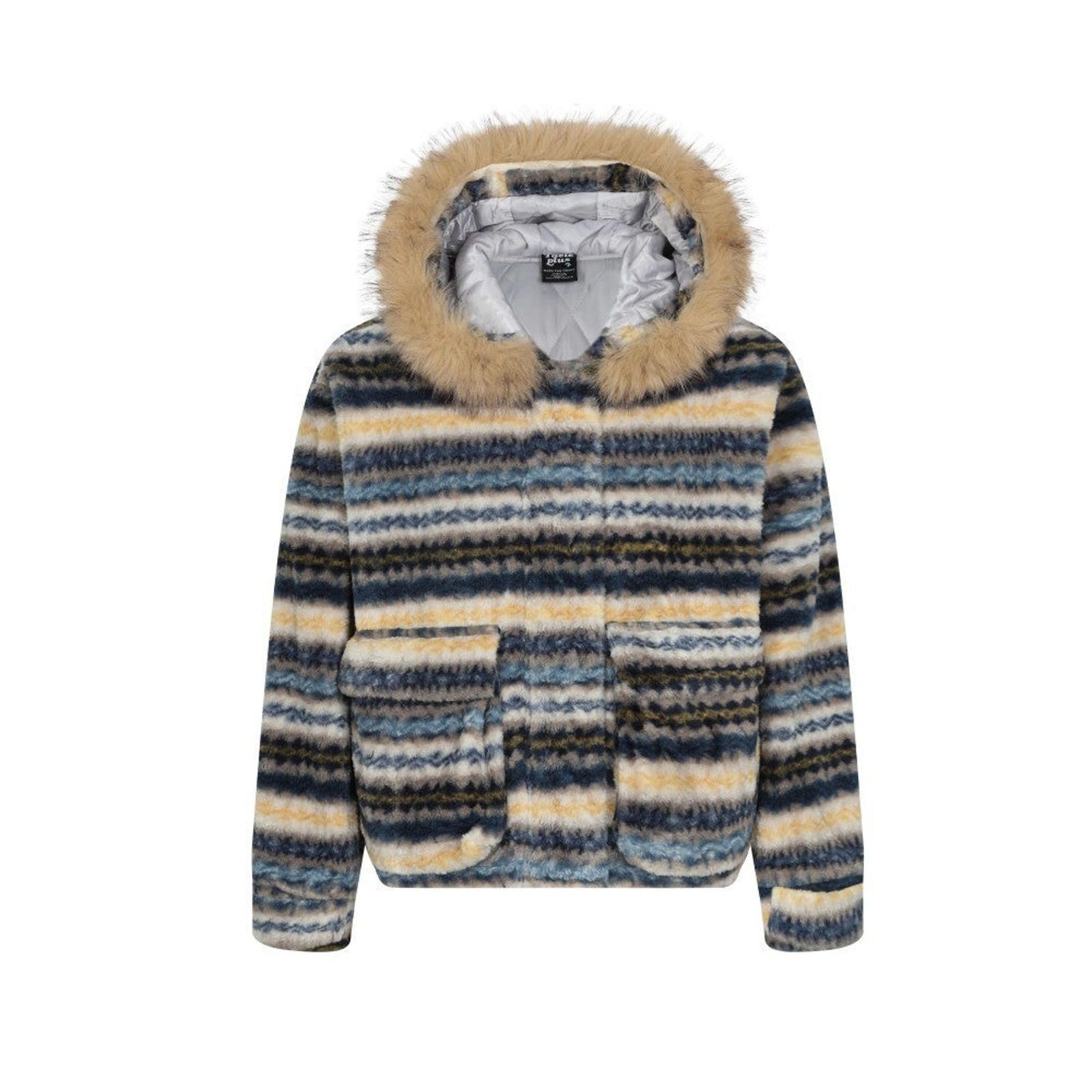 Japanese Brand Striped Faux Fur Hooded Jacket, Cozy Winter Coat Size US M / EU 48-50 / 2 - 6 Thumbnail