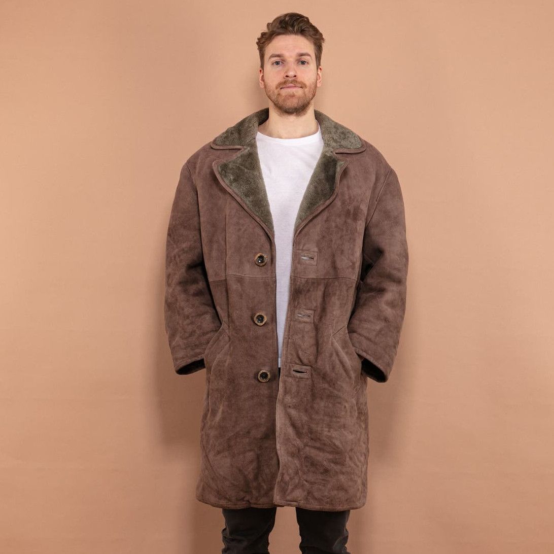 image of Sheepskin Coat Vintage 70's Men Sheepskin Winter Coat In Brown (Size XL)