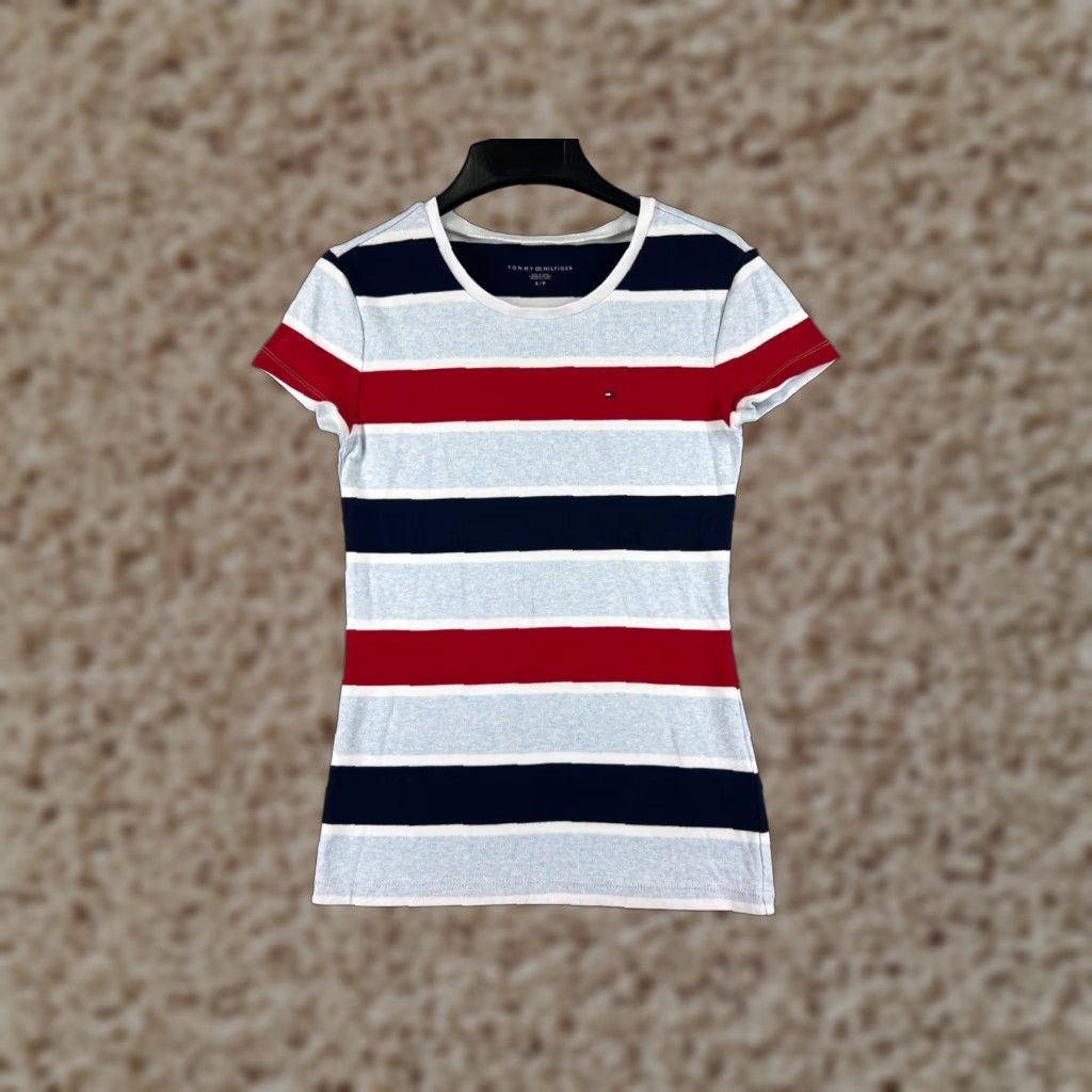Tommy Hilfiger VINTAGE Tommy Hilfiger Shirt Womens S Blue White Red Round Neck Short Sleeve Cotton Logo Striped 90s Size S / US 4 / IT 40 - 1 Thumbnail
