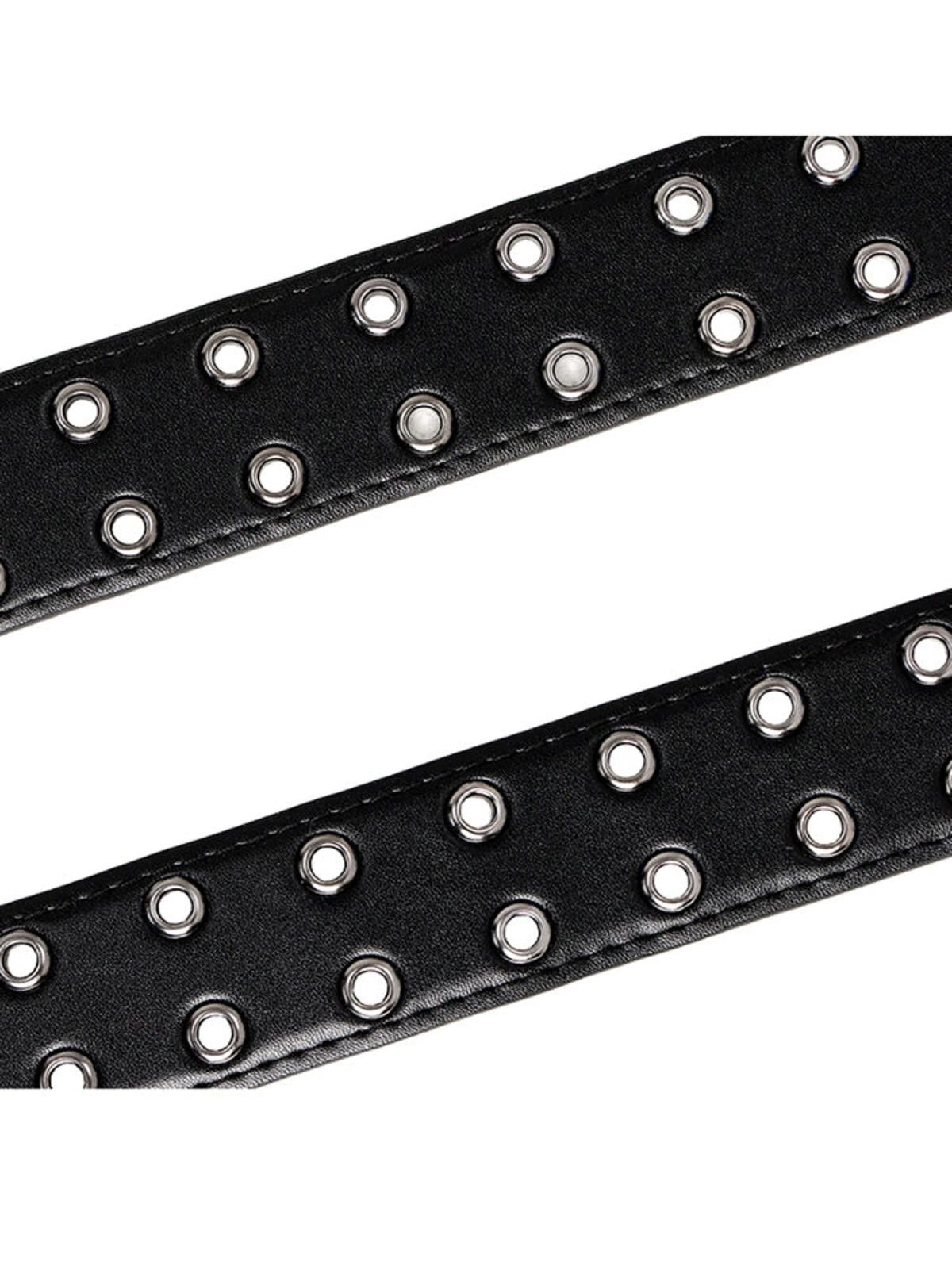 Leather Black Leather Grommet Belt with Heavy-Duty Silver Buckle Size ONE SIZE - 5 Thumbnail