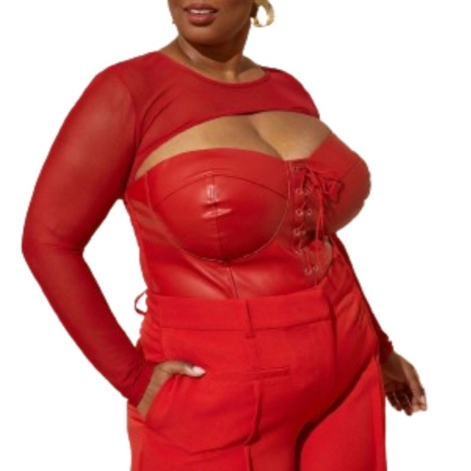 Other RED HOT ☆ FAUX LEATHER & MESH ☆ BUSTIER BODYSUIT 3x ☆ NWT Size 3XL / US 20-22 - 5 Thumbnail