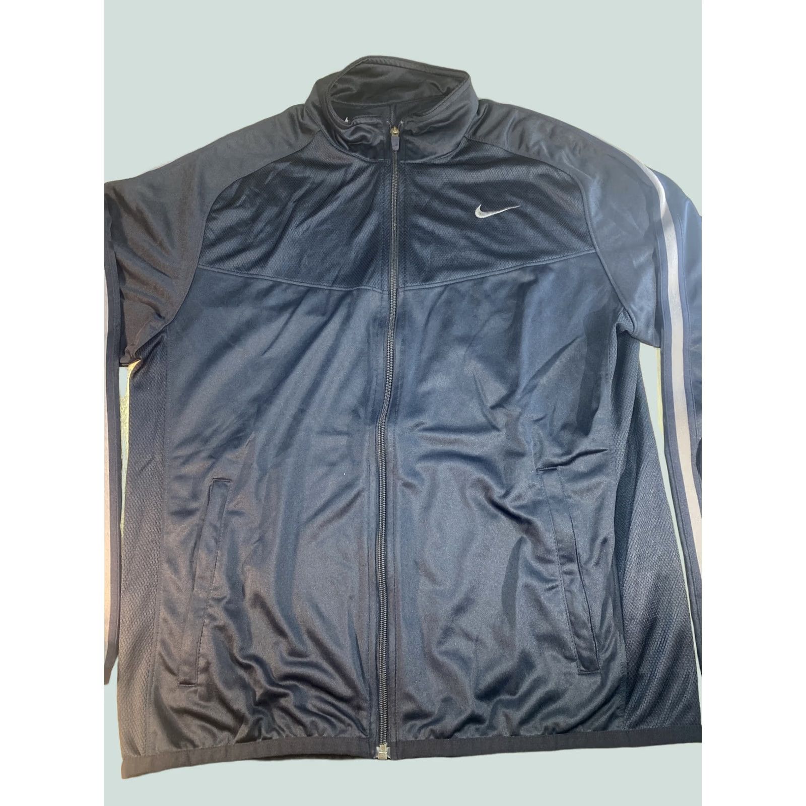 Nike NIKE Black Full Zip-up Track Jacket Men L Regular Size Navy Blue Embroidery, NIKE Track Jacket, Full Zip, Polyester, Activewear, Size L, Men, Black Size US L / EU 52-54 / 3 - 1 Thumbnail