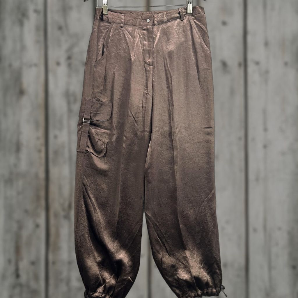 Vintage Spenser Jeremy Pants Womens 12 Brown Cargo Jogger Pleated Zip Fly Elastic Satin Tapered Pockets Cuffed Size 34" / US 12 / IT 48 - 1 Thumbnail