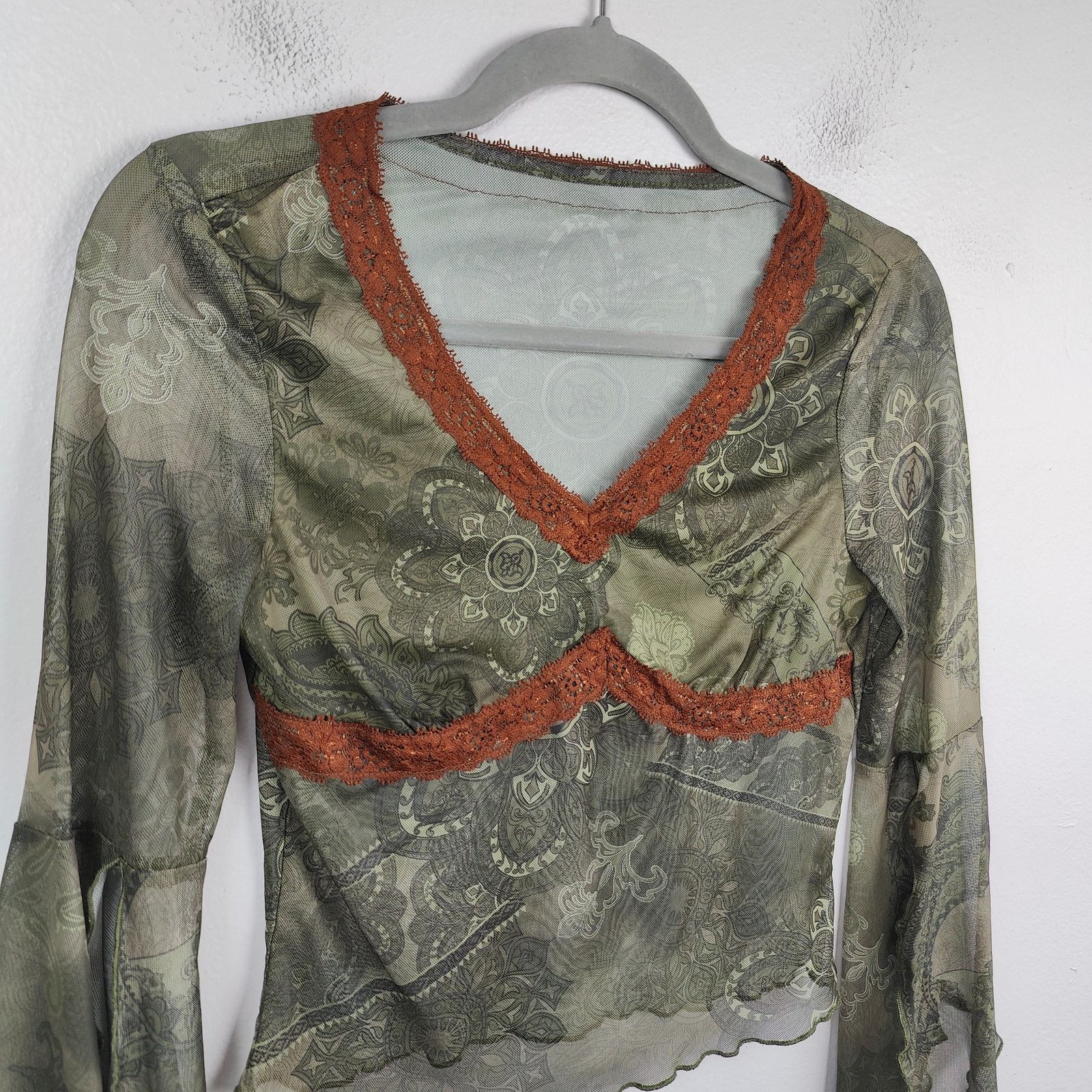 Other Vintage Y2K Mesh Top Womens Small Green Printed Semi-Sheer Size S / US 4 / IT 40 - 2 Thumbnail