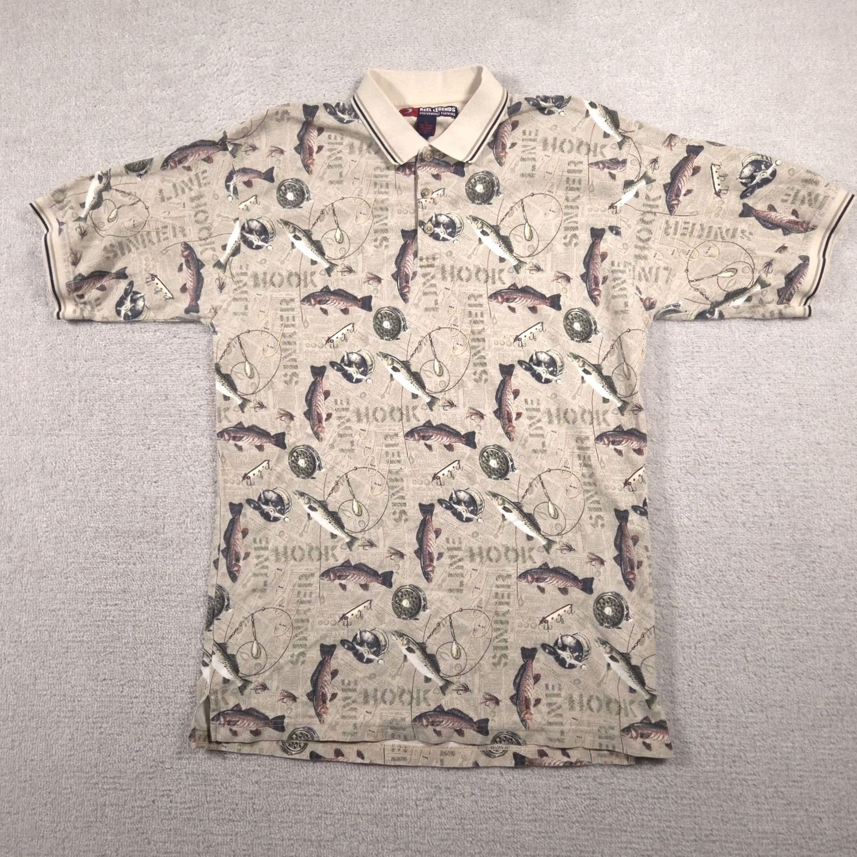 Vintage Reel Legends Polo Shirt Mens XL Beige Fishing Graphic Allover Print Cotton Size US XL / EU 56 / 4 - 2 Thumbnail