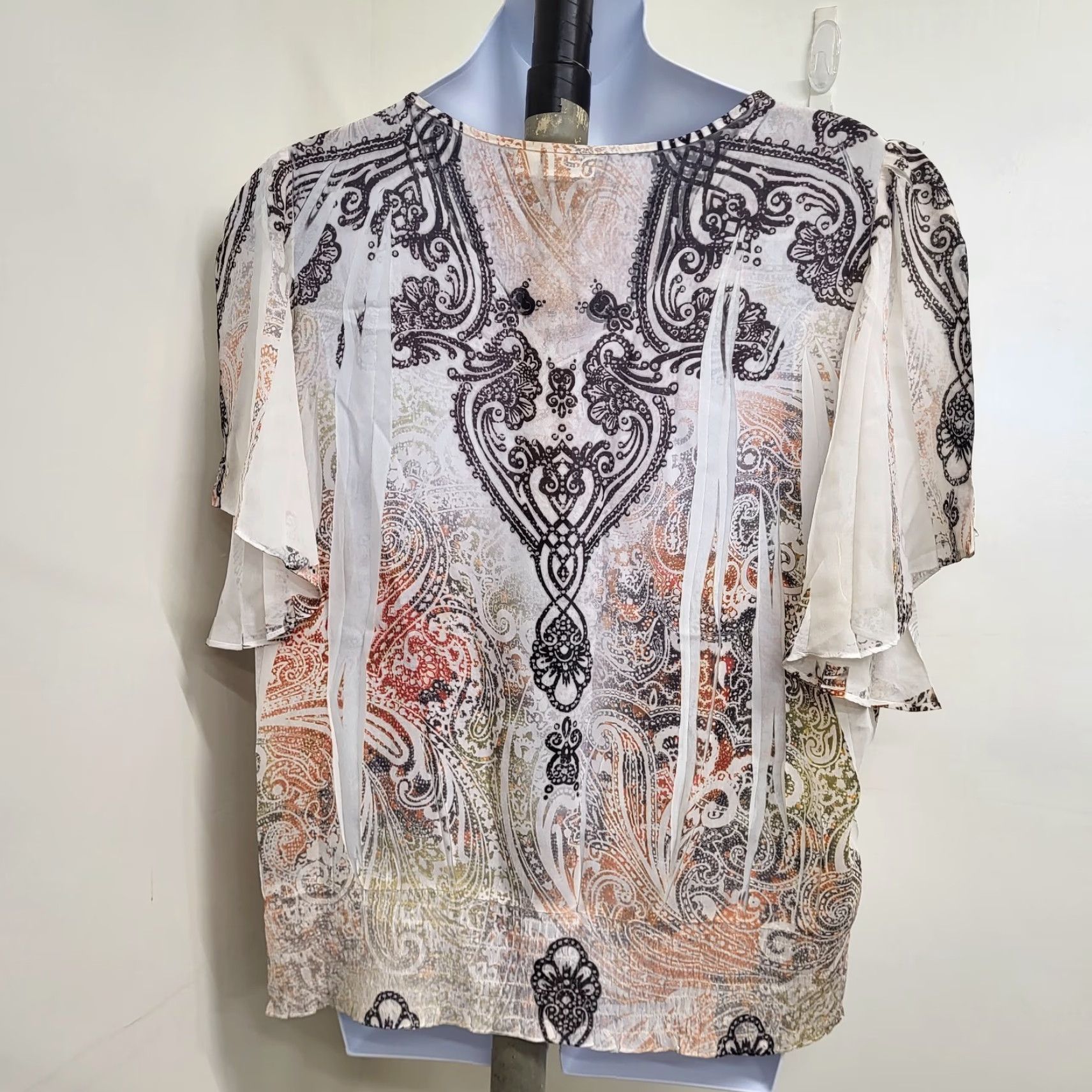 Vintage CATO Blouse Women's Plus Size 22/24W Creamy Browns Round Neck Boho Western Top Shirt Womens Bohemian Paisley Flutter Sleeve Short Sleeve Casual Size 3XL / US 20-22 - 7 Thumbnail
