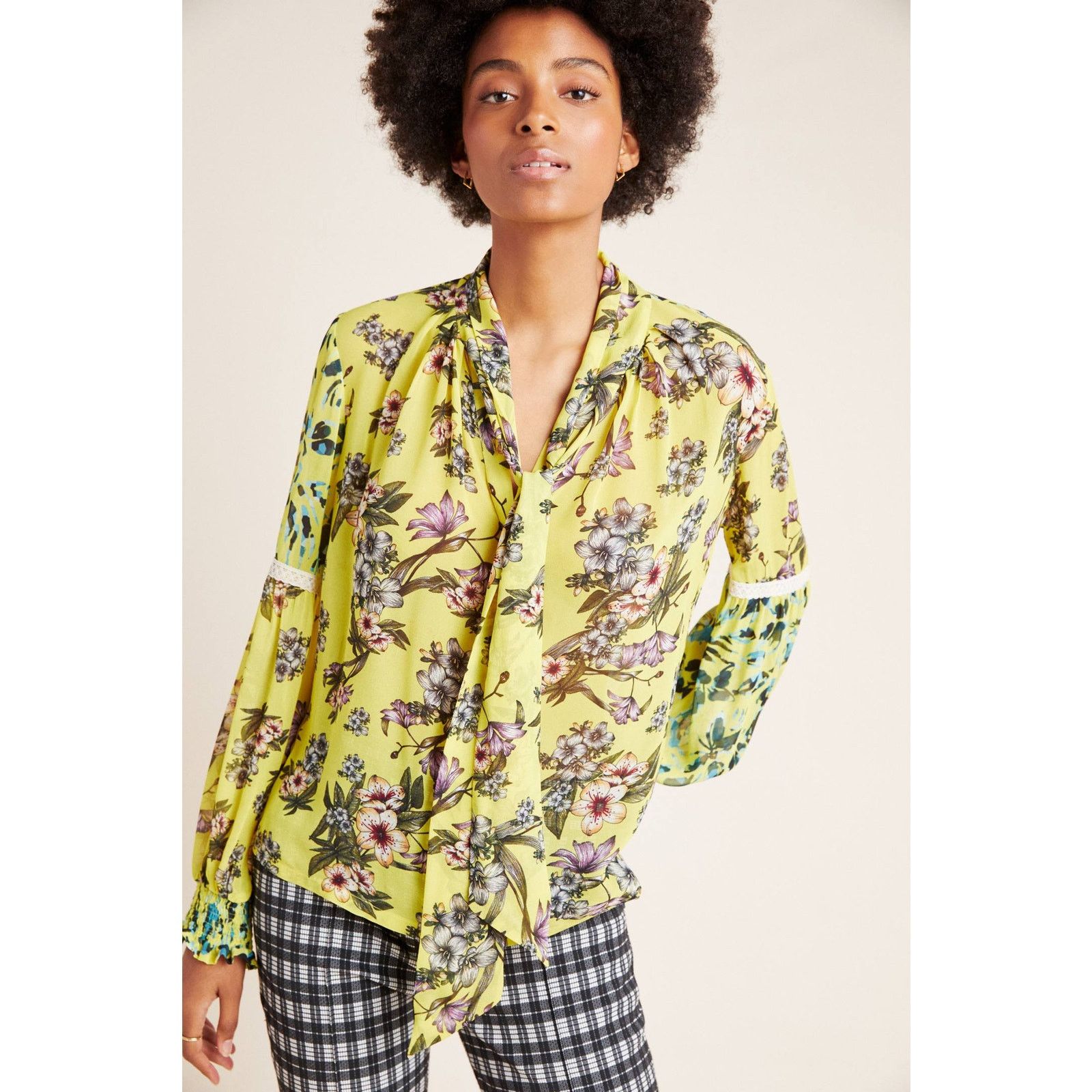 Anthropologie New Varun Bahl Mindy Tie-Neck Floral Blouse $140 XS Yellow Size XS / US 0-2 / IT 36-38 - 1 Thumbnail