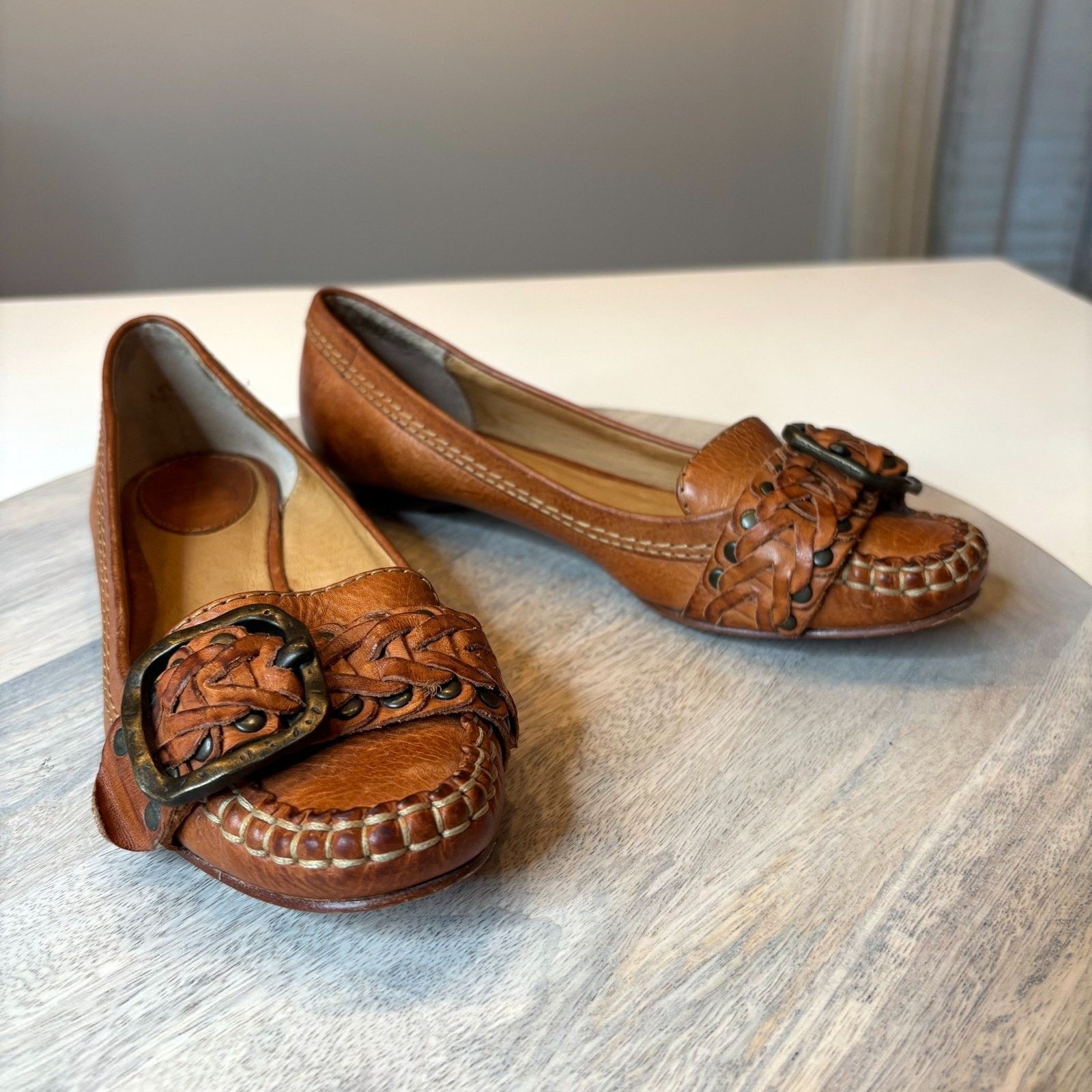 Frye Frye Ruby Woven Moc Cognac Leather Flats Women’s Size 6M Size US 6 / IT 36 - 3 Thumbnail
