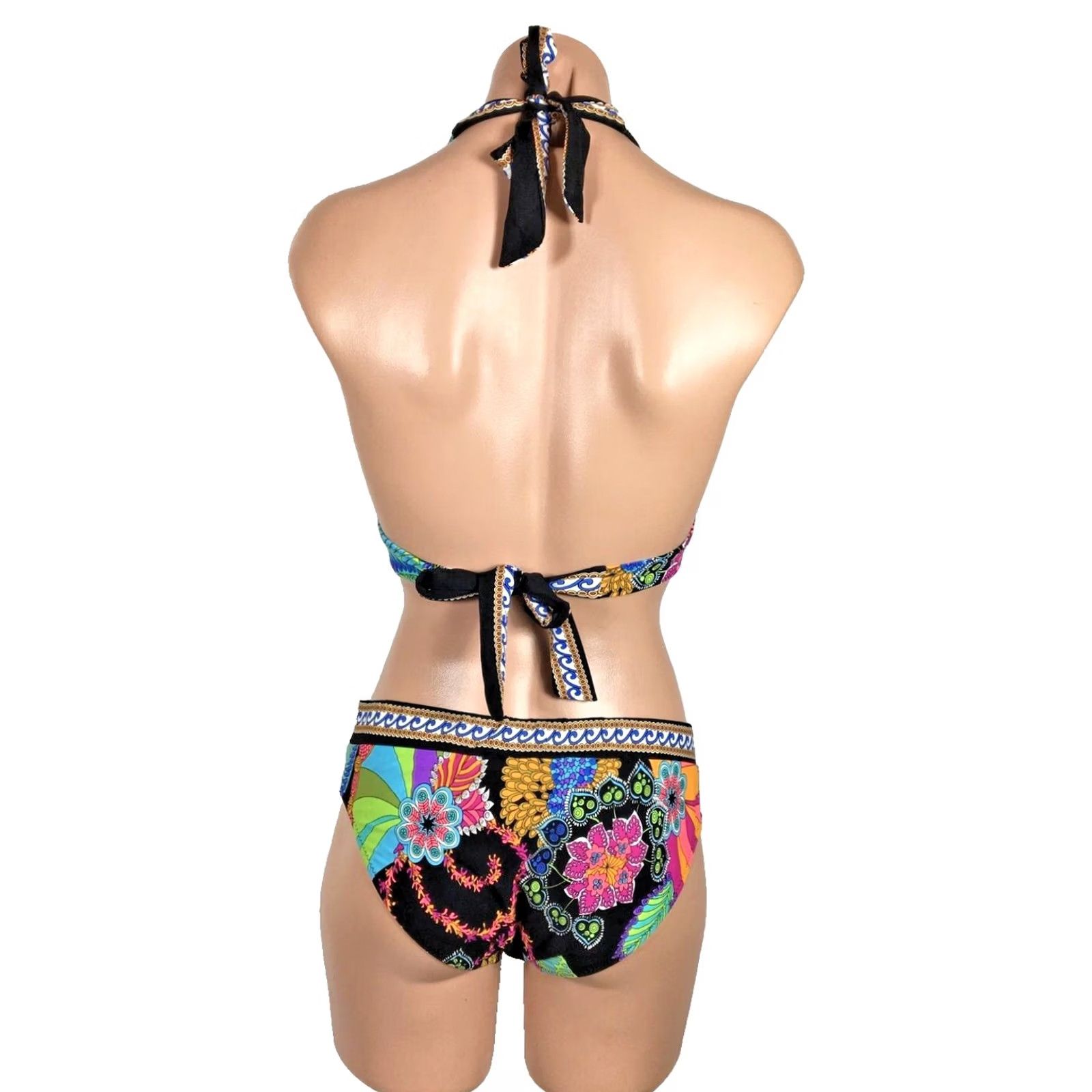 Trina Turk Tina Turk Bikini Halter Top Multicolor Neon Geometric Cheeky Bottoms sz 8 Size M / US 6-8 / IT 42-44 - 2 Thumbnail