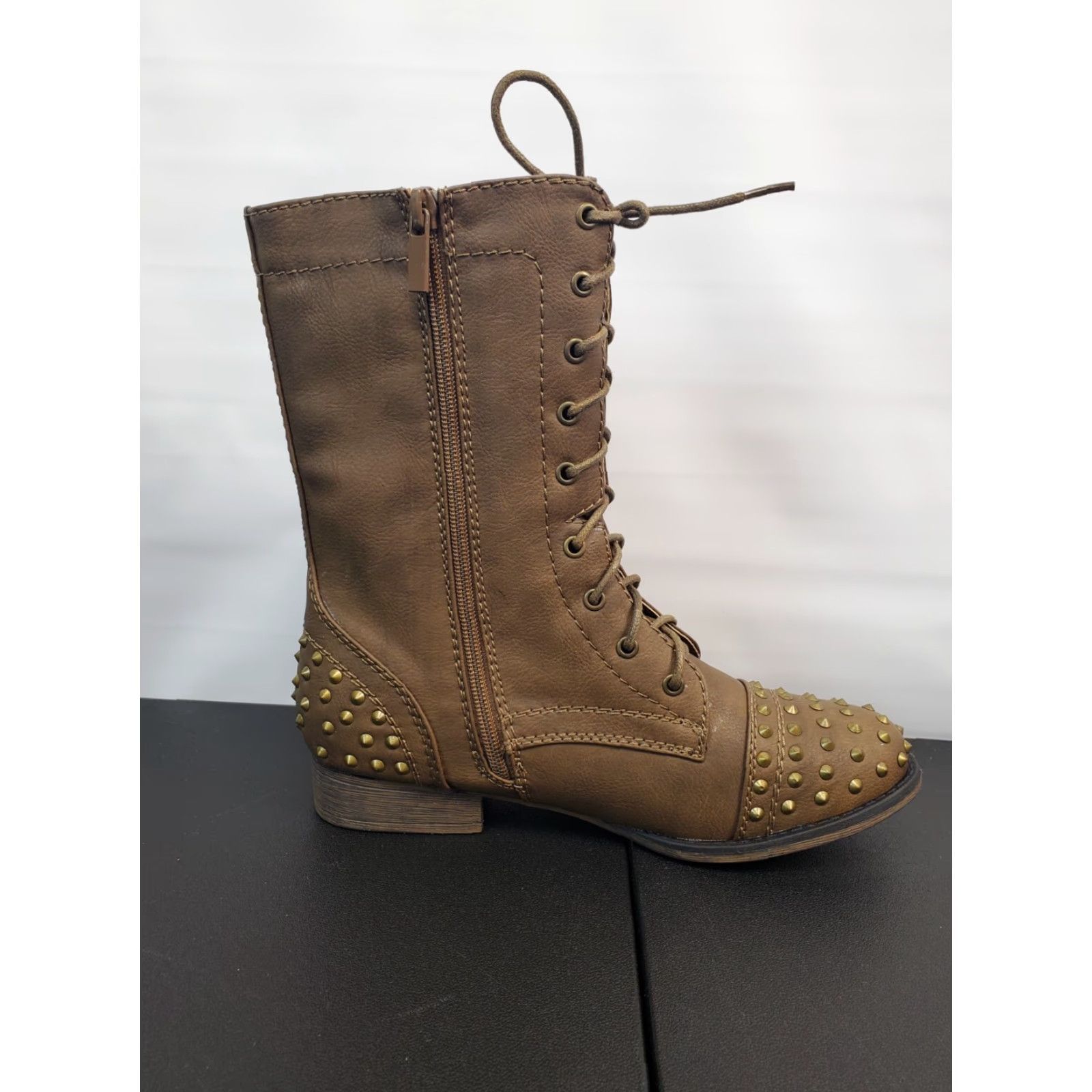 Vintage Rouge Combat Cowboy Boots Brown Studded Round Toe Lace Up Womens Size 8 Size US 8 / IT 38 - 6 Thumbnail