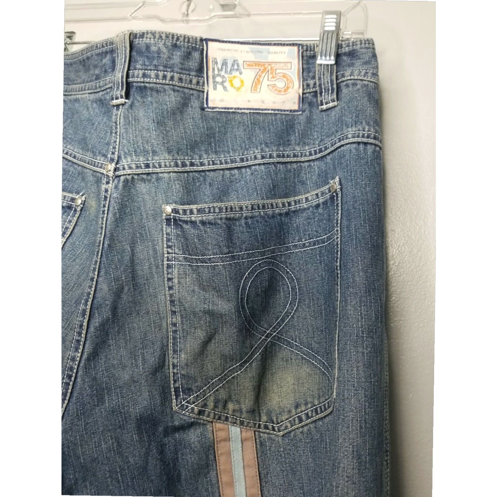 ARQ VINTAGE MARQ SEVENTY FIVE 90s Skater Stripe Baggy Jeans Mens 36x32 Blue Distressed Size US 36 / EU 52 - 4 Thumbnail
