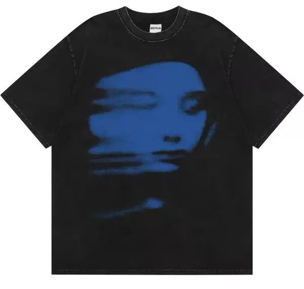 Japanese Brand Gothic Blue FACE Print Black T-Shirt Hipster Graphic Tees Size US L / EU 52-54 / 3 - 3 Thumbnail